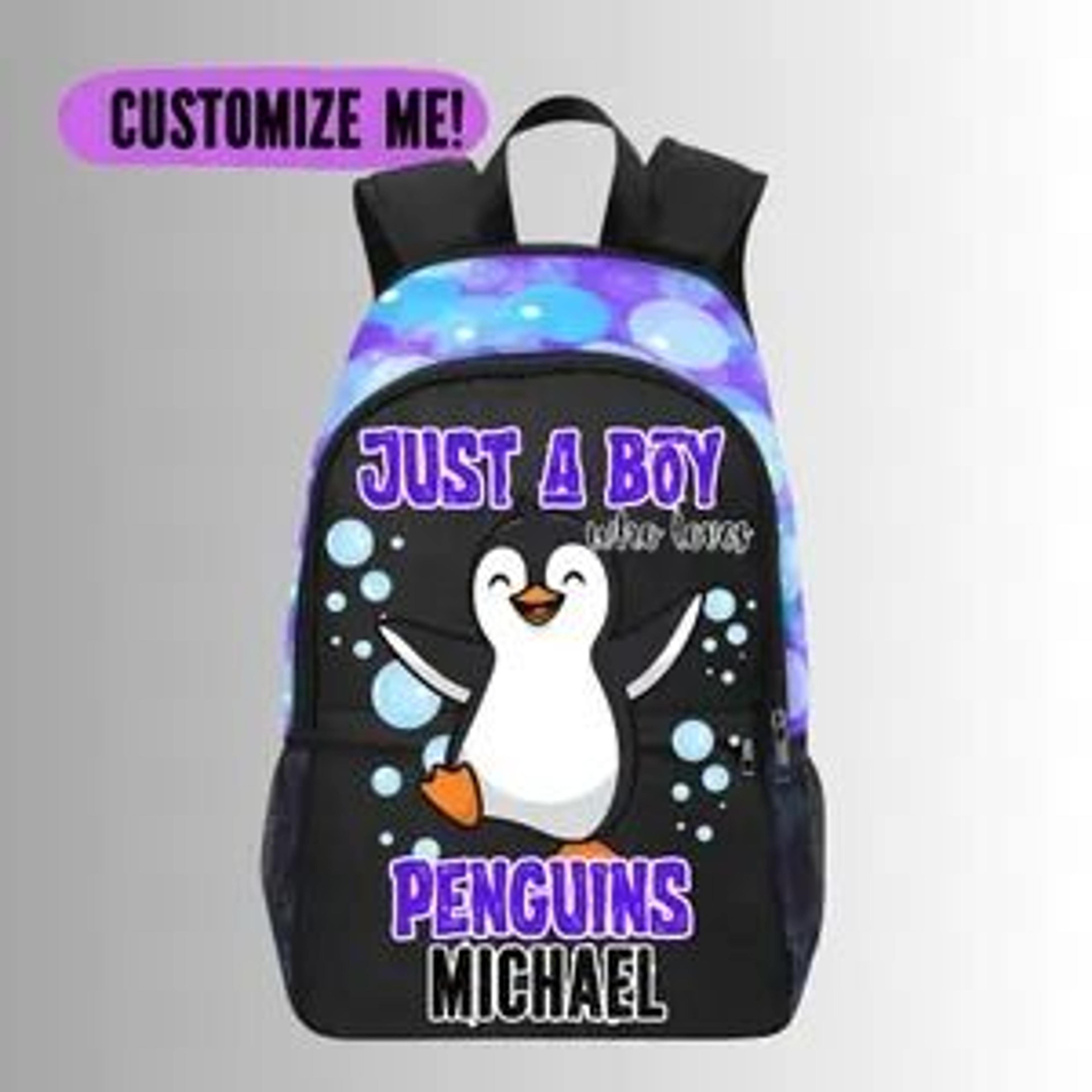 personalized penguin kids backpack, custom name penguin school bag for boys, cute arctic animal bookbag, back to school