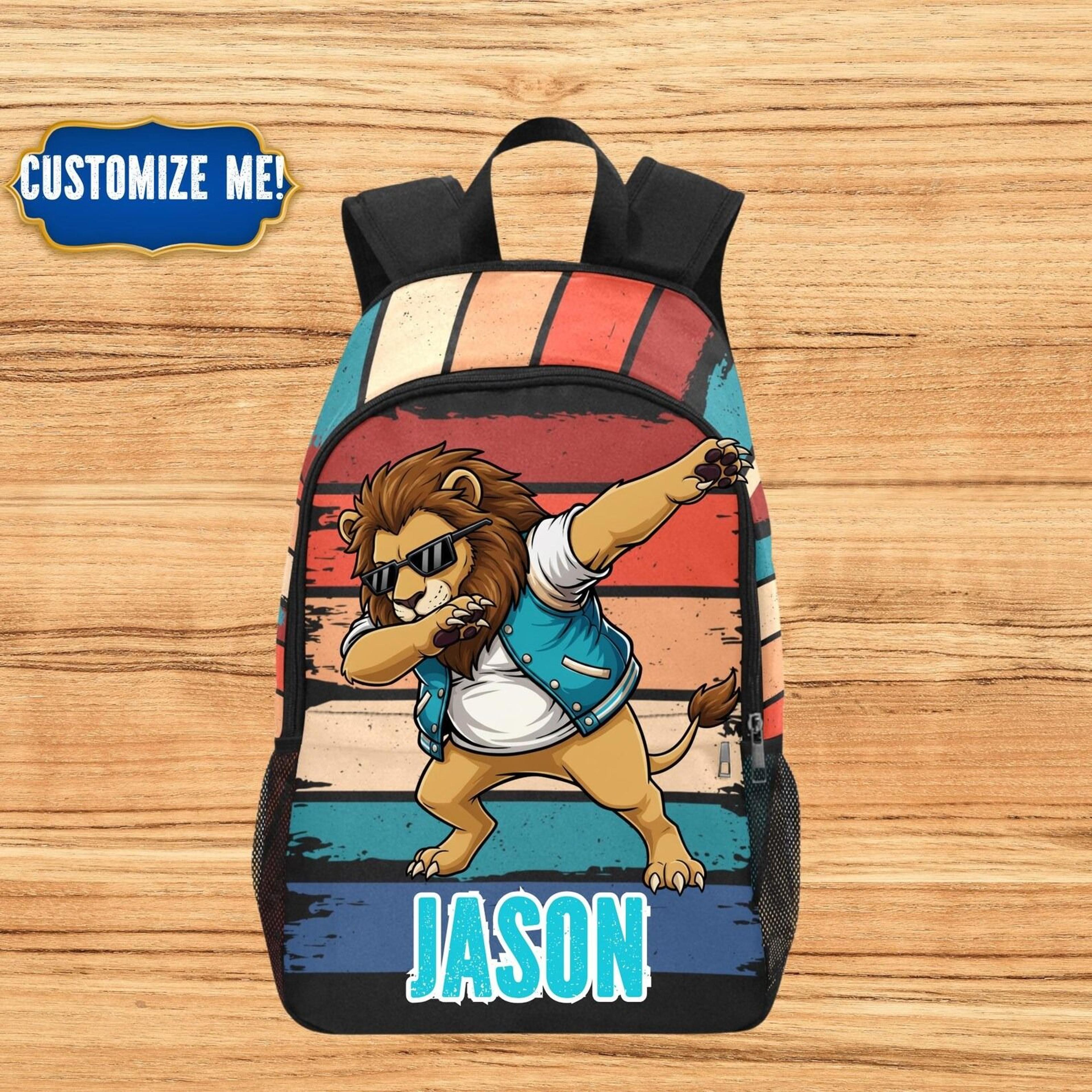 personalized lion kids backpack, custom name lion school bag for boys, cool dabbing lion bookbag, animal backpack