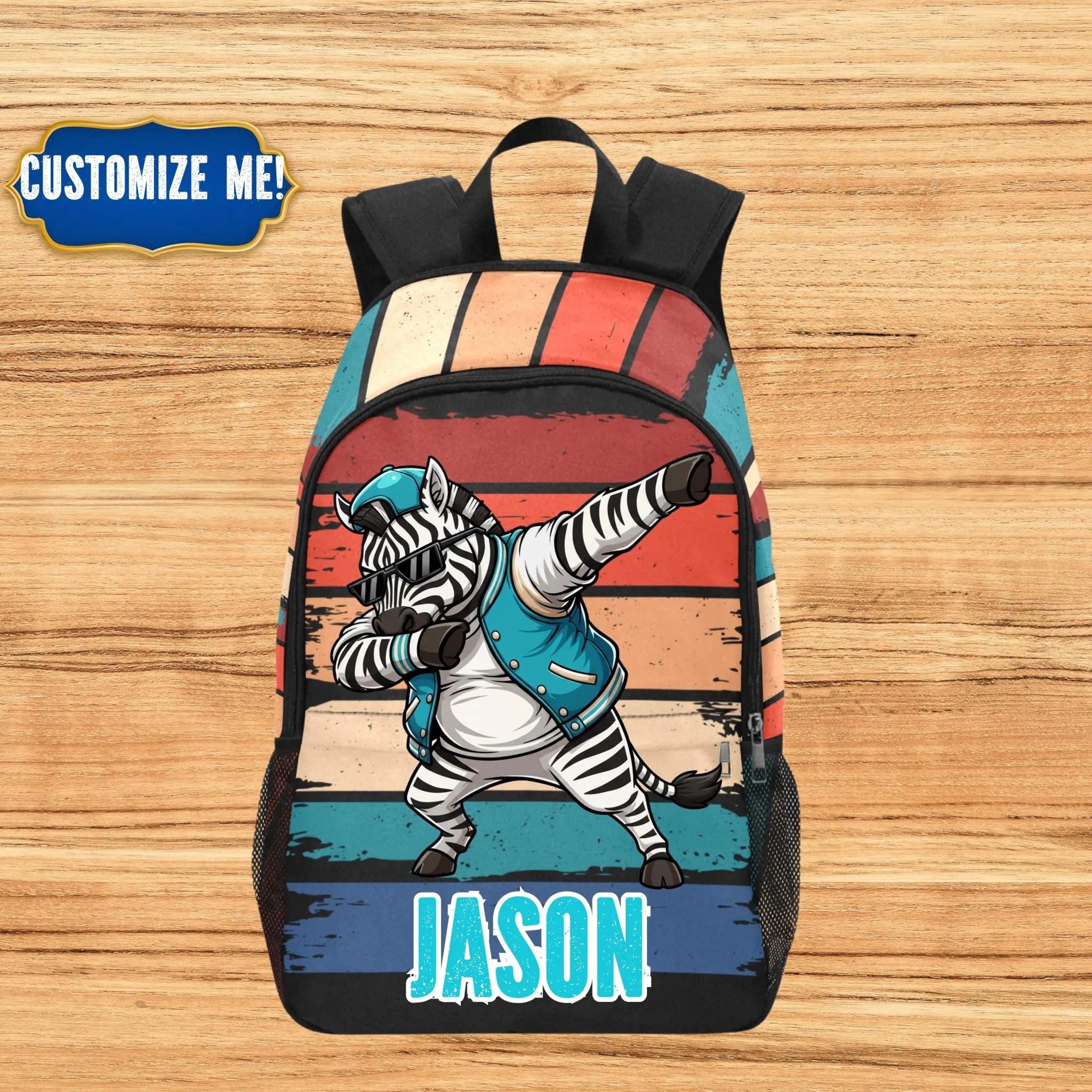 personalized zebra kids backpack, custom name zebra school bag for boys, cool dabbing zebra bookbag, animal backpack