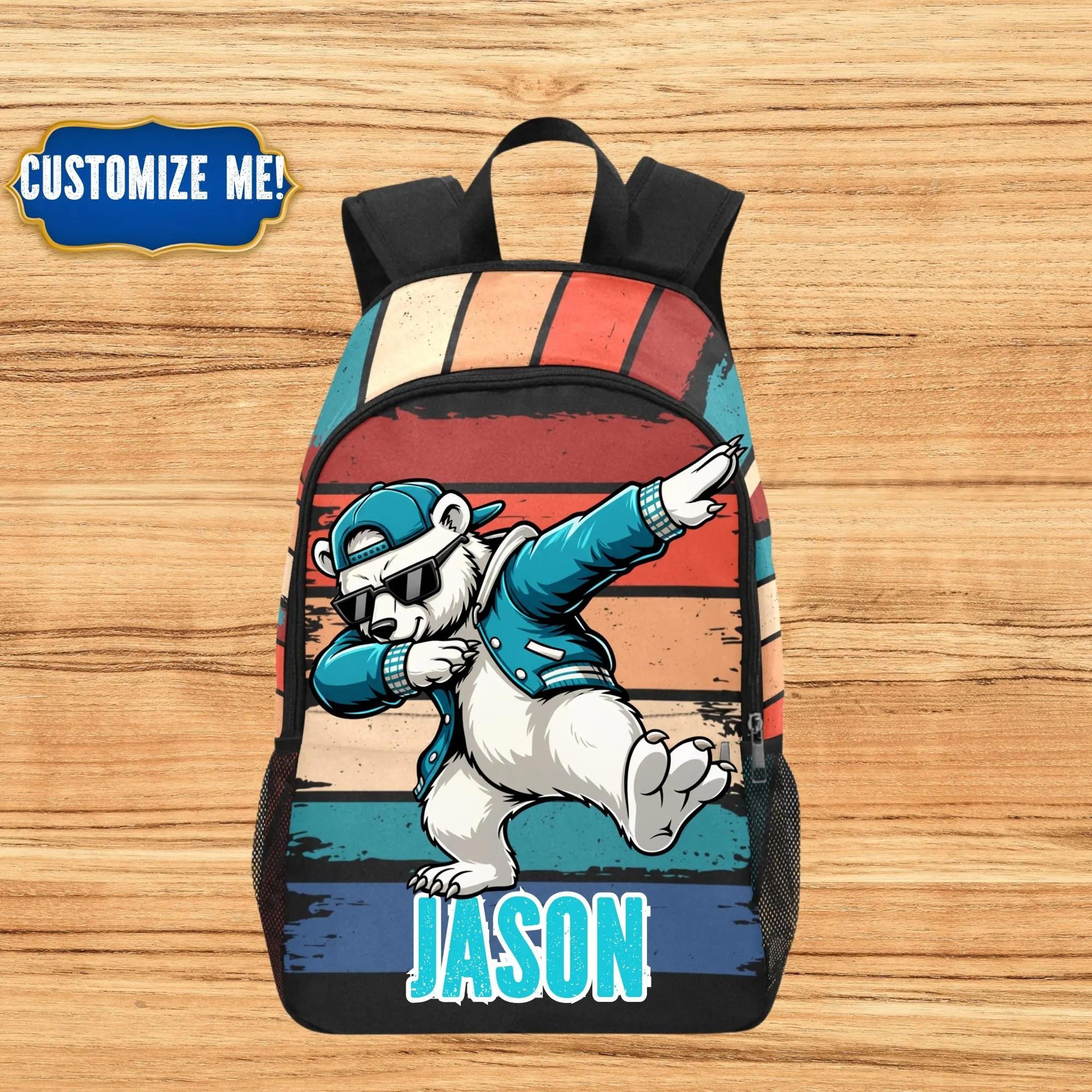 personalized polar bear kids backpack, custom name polar bear school bag for boys, cool dabbing bear bookbag