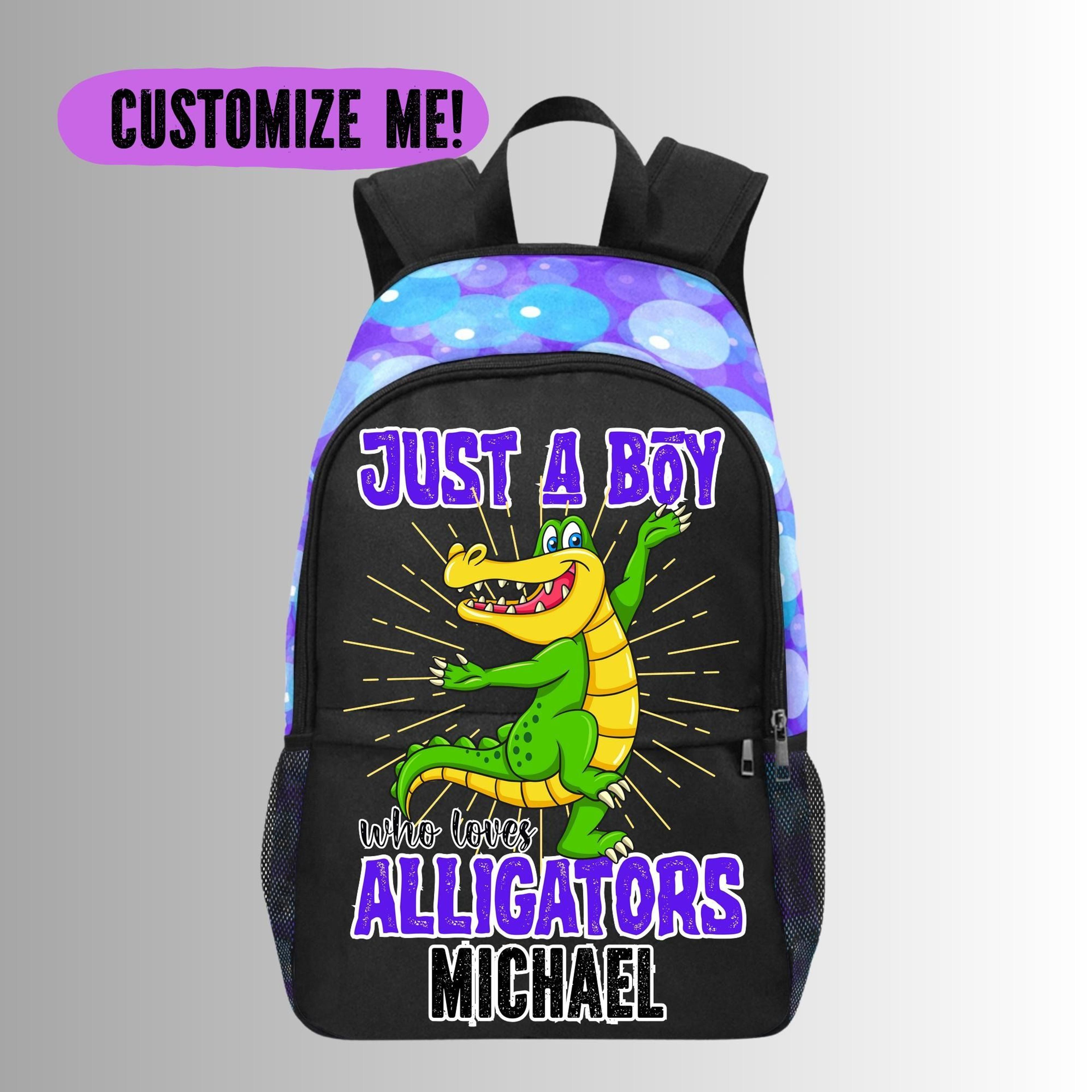 personalized alligator kids backpack, custom name alligator school bag for boys, cute crocodile bookbag, reptile backpac