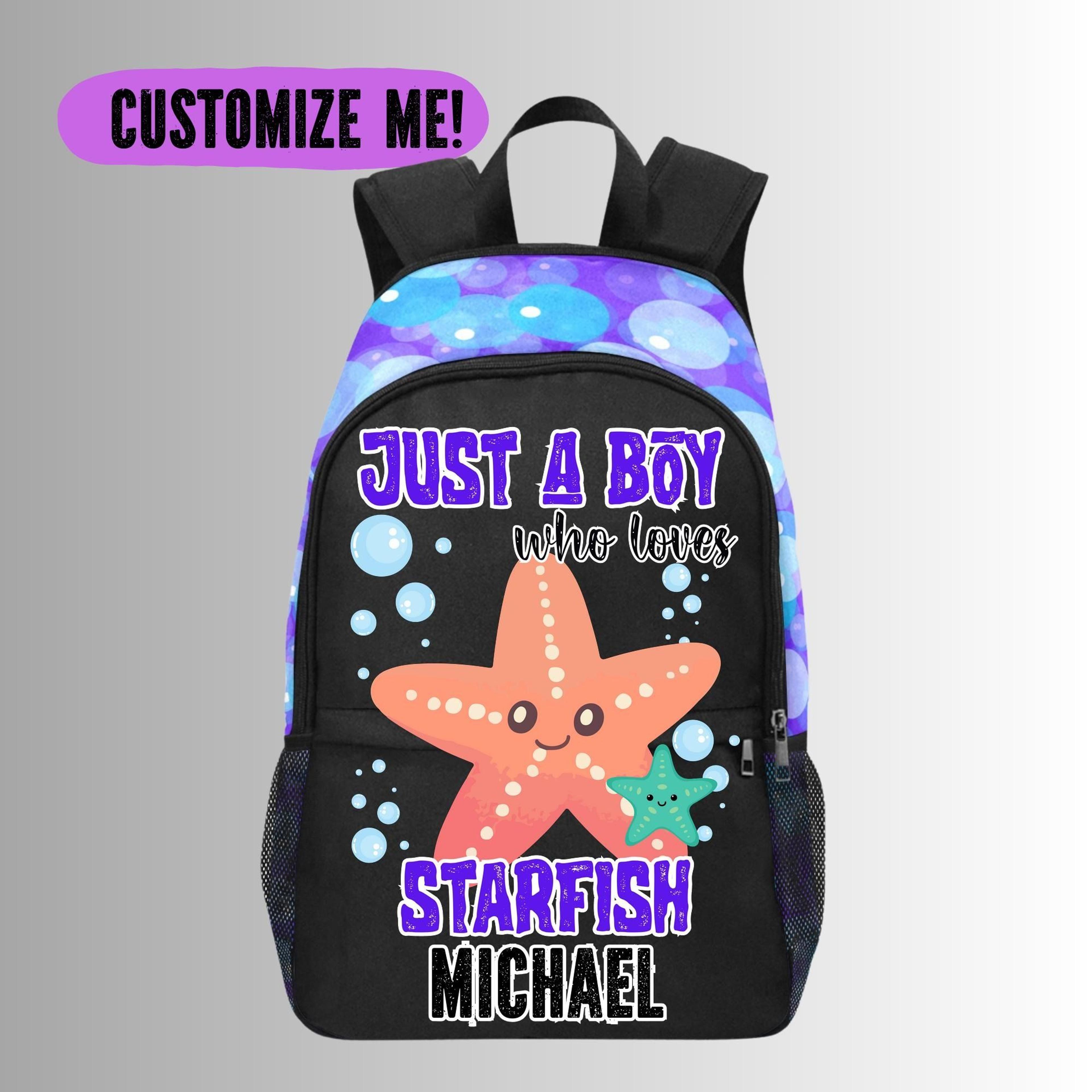 personalized starfish kids backpack, custom name starfish school bag for boys, cute ocean animal bookbag