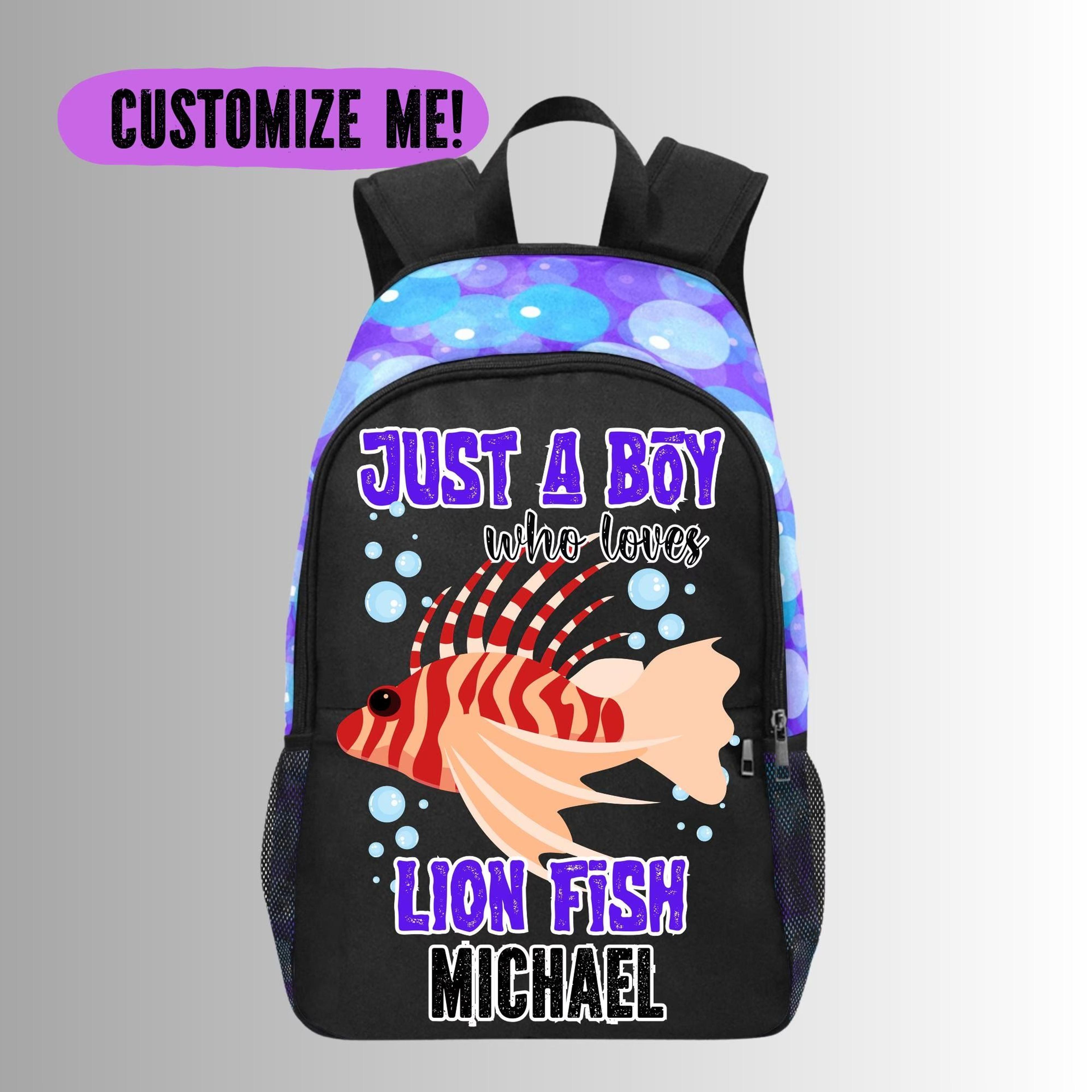 personalized lionfish kids backpack, custom name lion fish school bag for boys, ocean animal bookbag, sea life backpack
