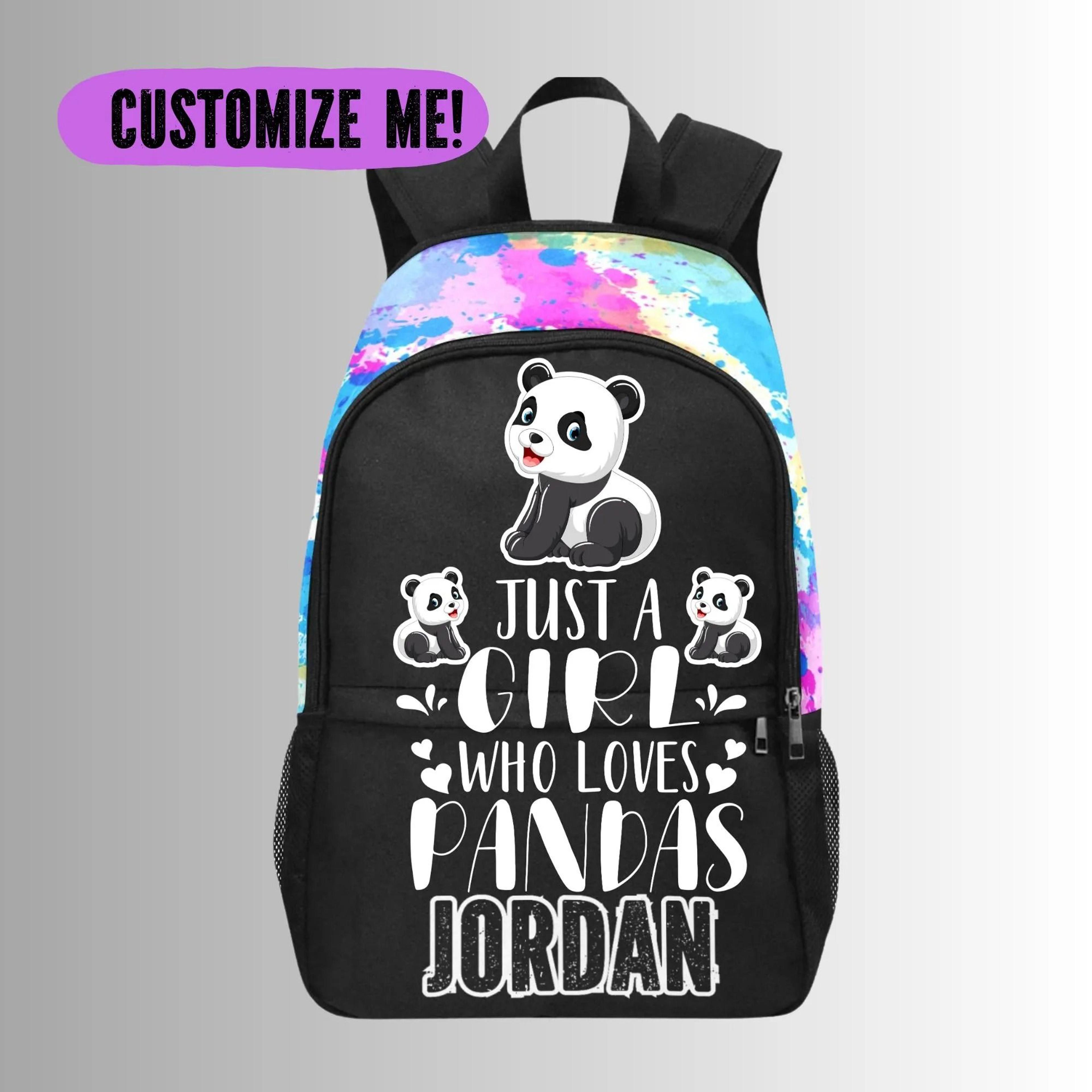 personalized panda kids backpack, custom name panda school bag for girls, cute panda bear bookbag, animal backpack