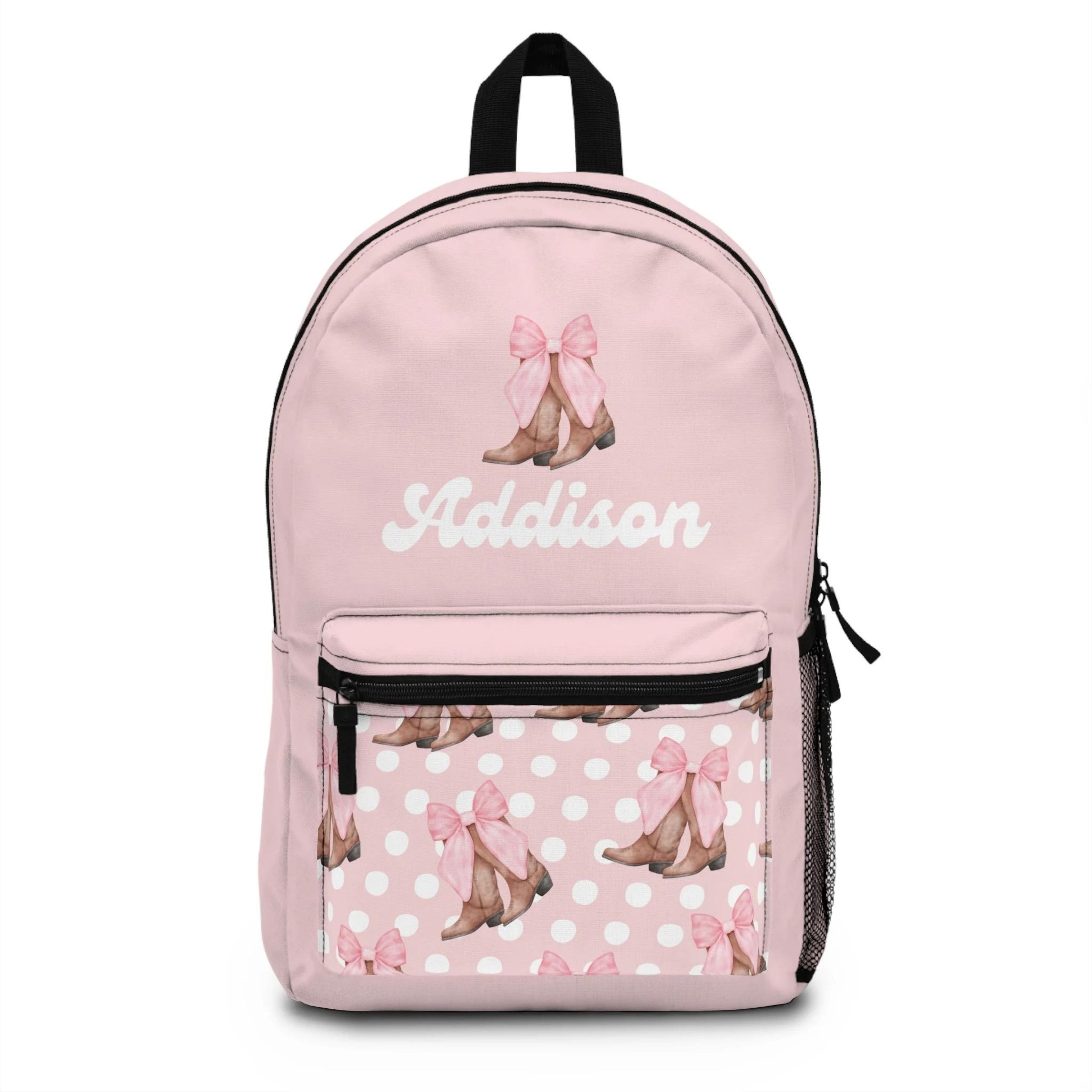 personalized cowgirl kids backpack, custom name pink western school bag for girls, cowboy boot bow bookbag, country girl