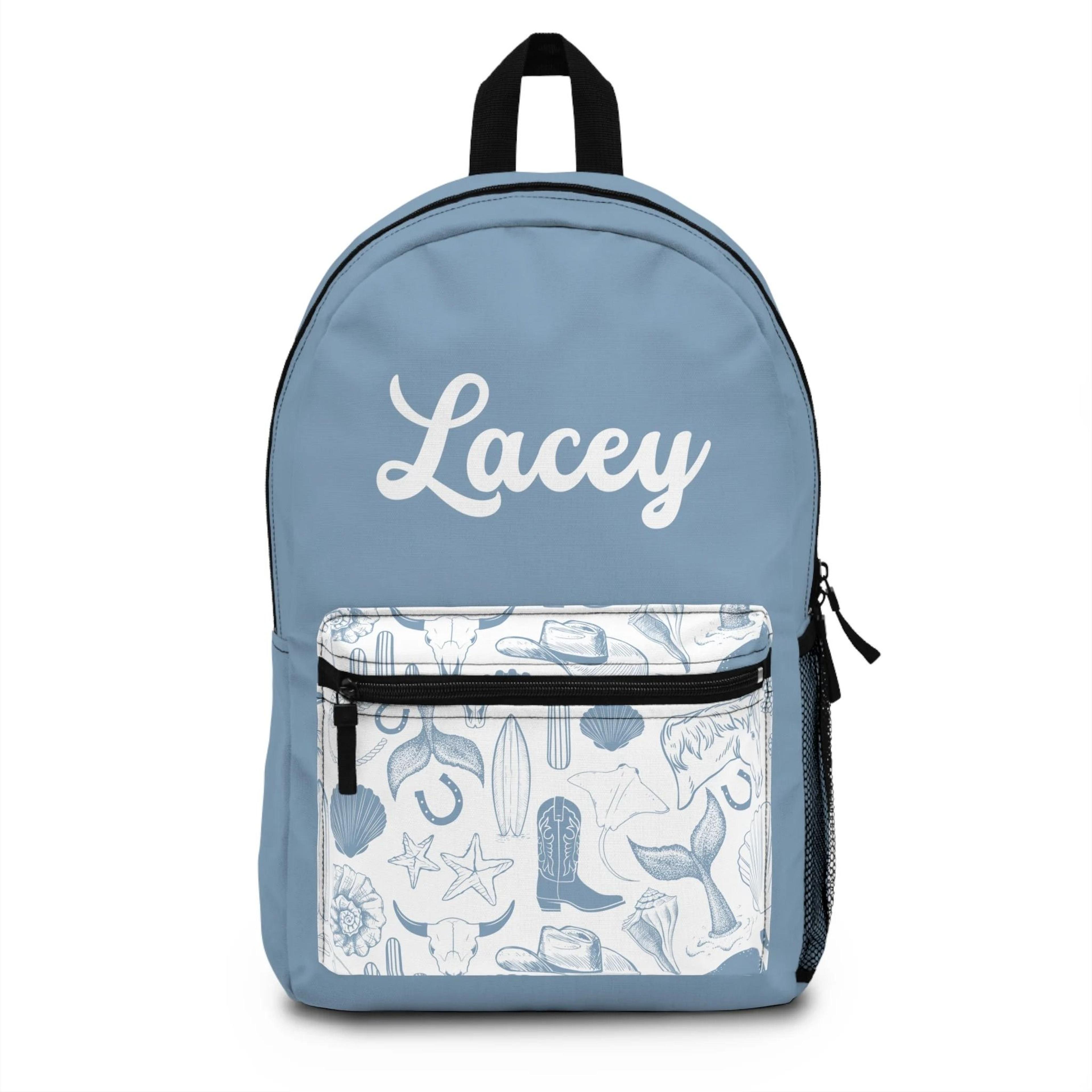 personalized cowgirl kids backpack, custom name western school bag for girls, blue cowboy ocean bookbag, country girl