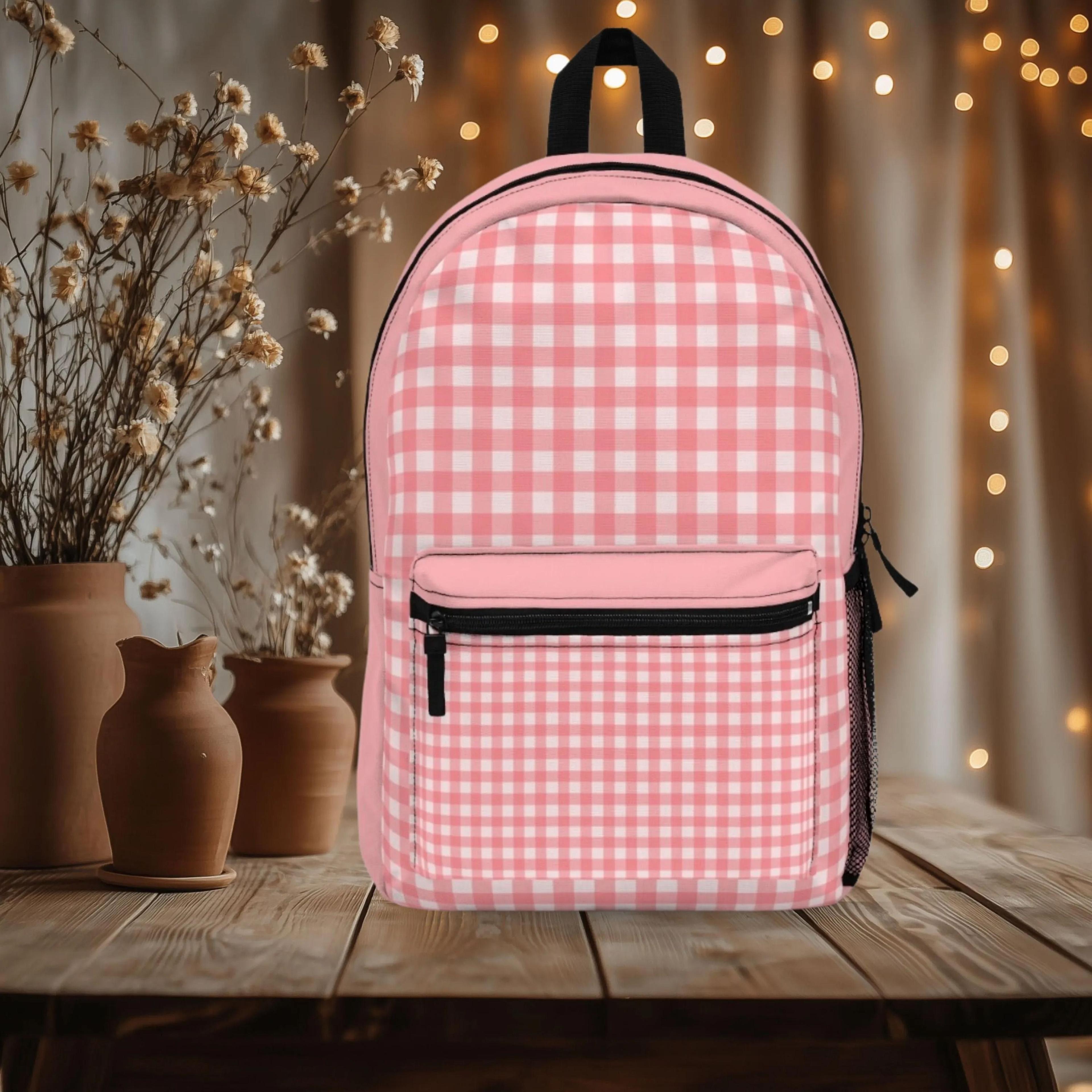 pink gingham backpack, preppy checkered school bag, coquette plaid backpack, cute girls back to school bookbag gift