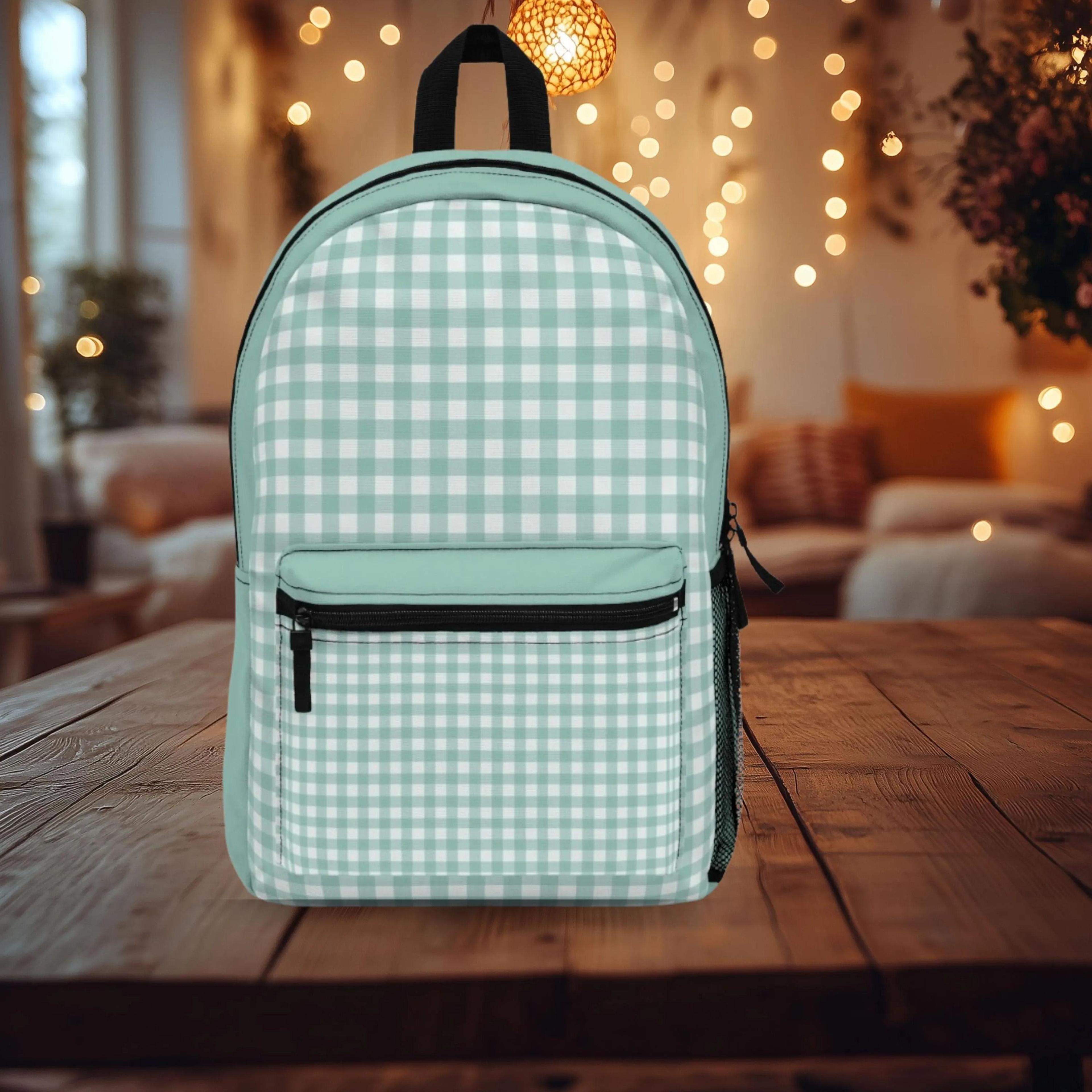 mint green gingham backpack, preppy checkered school bag, pastel plaid backpack, cute girls back to school bookbag