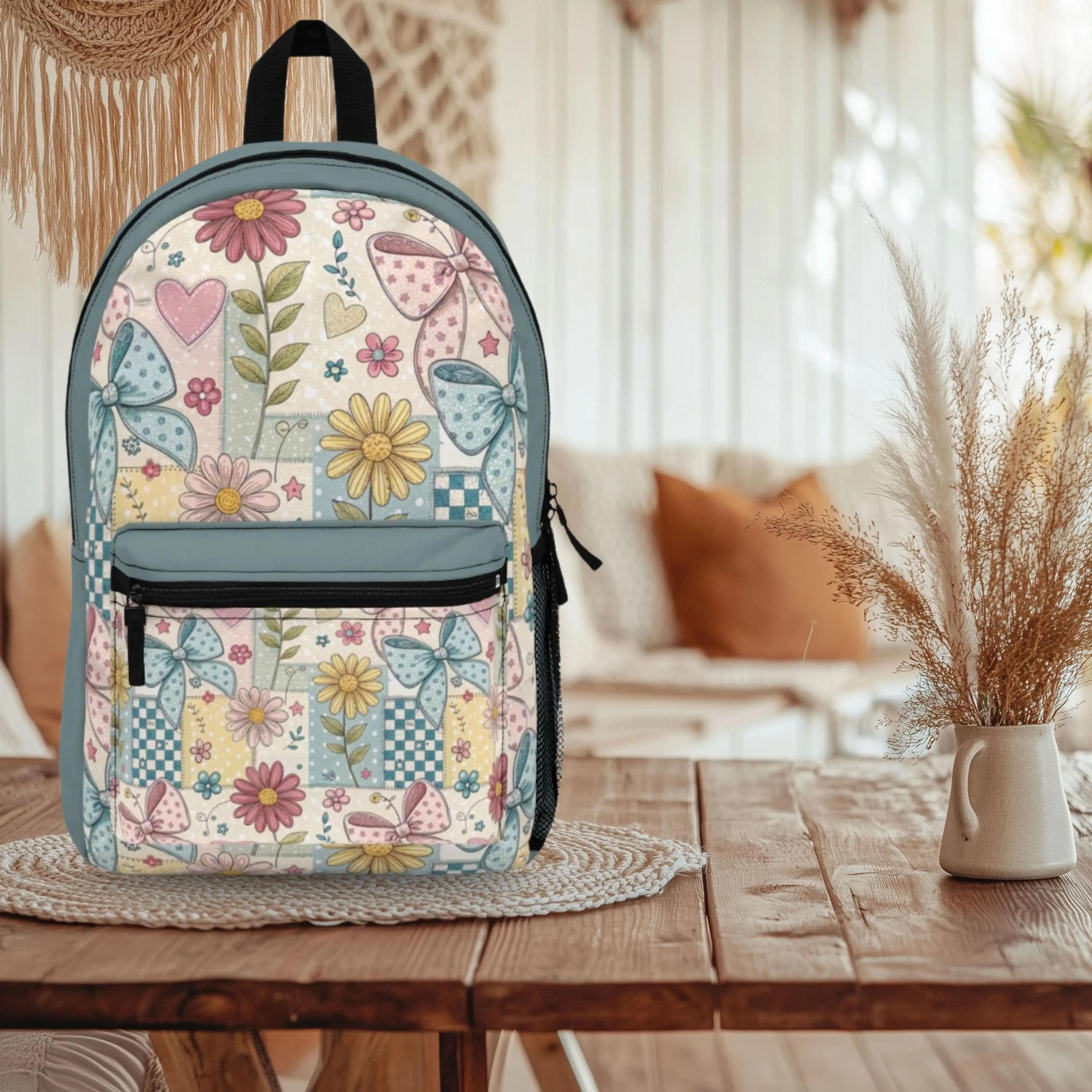floral bow backpack, coquette flower school bag, cute patchwork backpack, girly back to school bookbag for girls