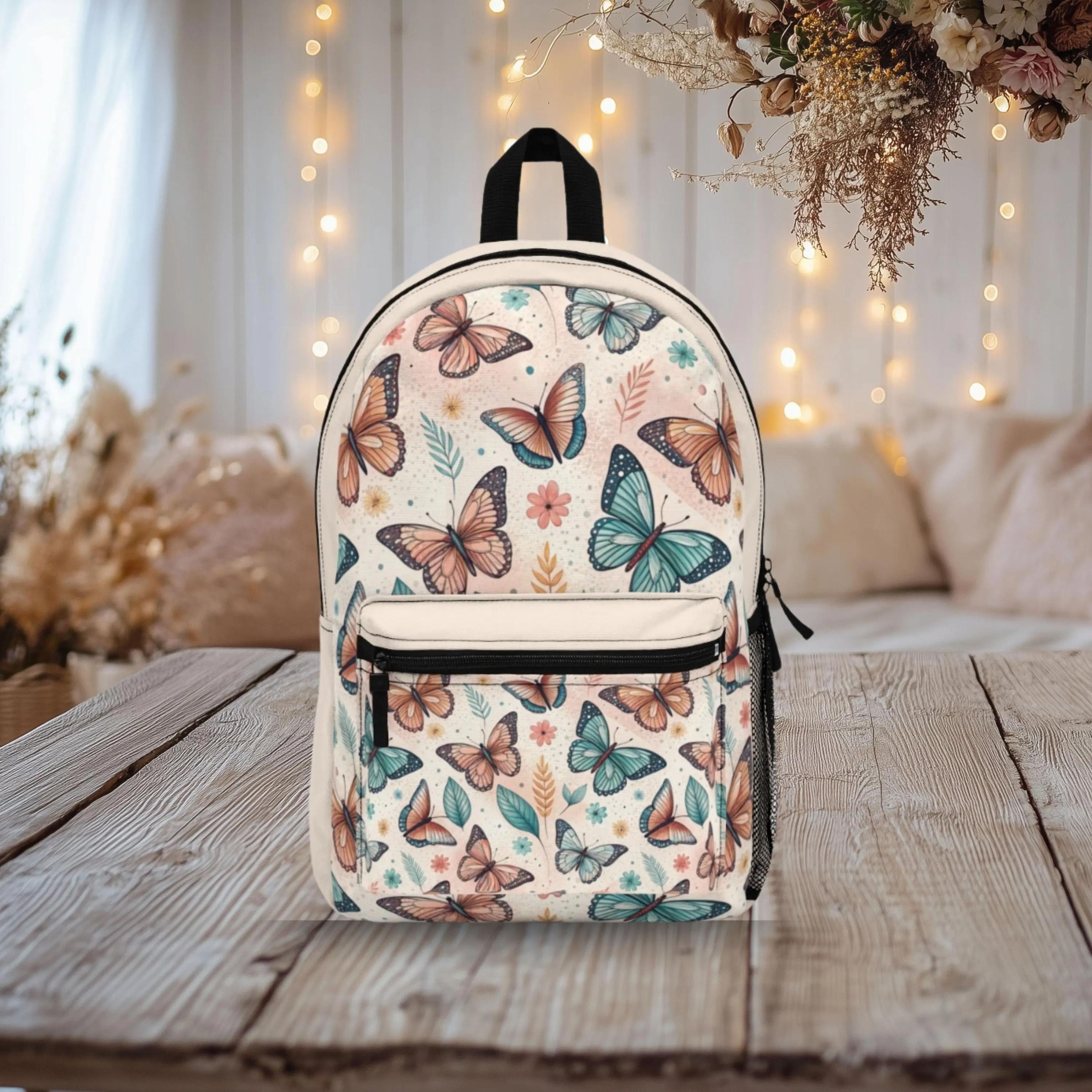 butterfly backpack for girls, pastel floral school bag, cute nature bookbag, boho back to school backpack gift