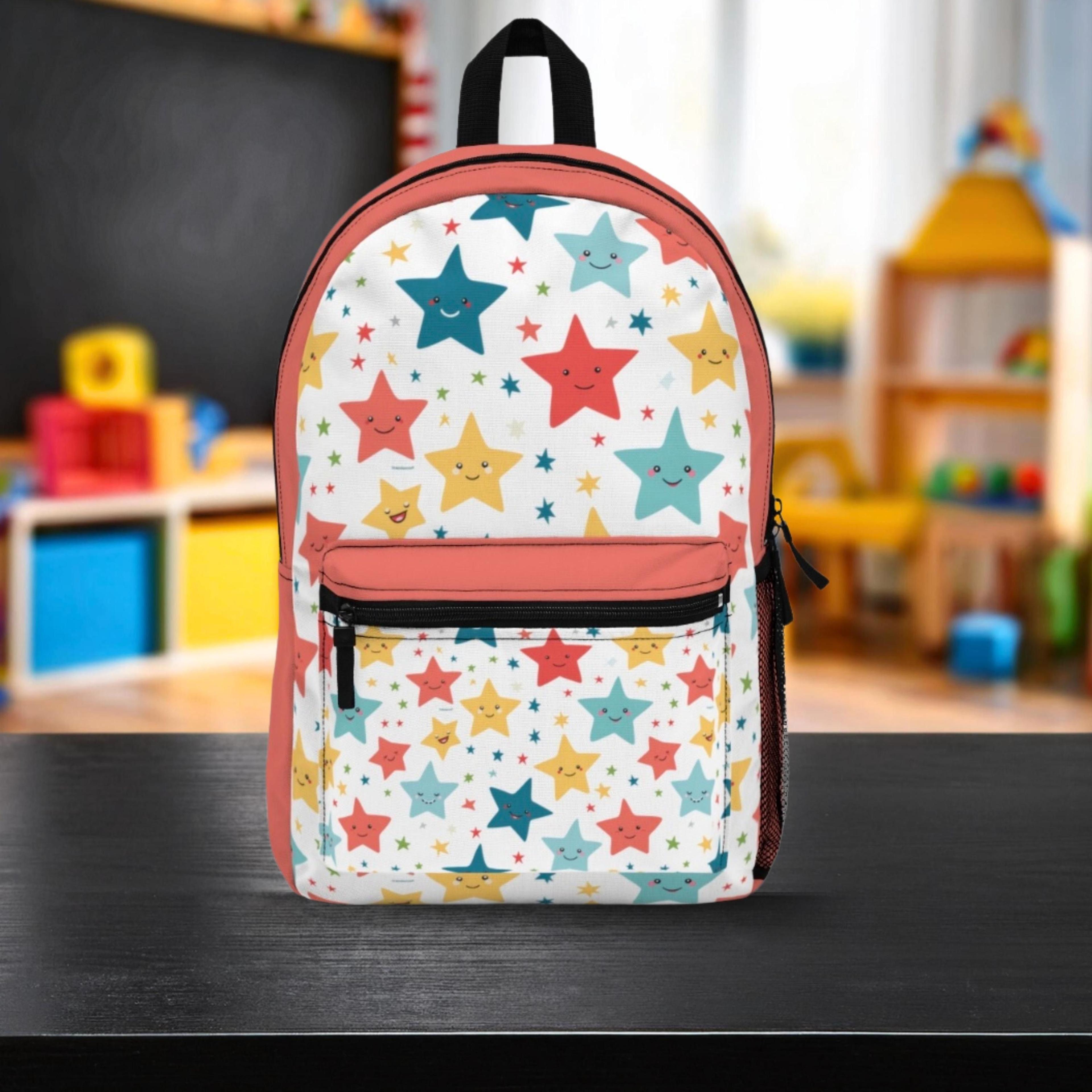 cute star backpack for kids, colorful school bag, smiling stars bookbag, fun back to school backpack for boys girls