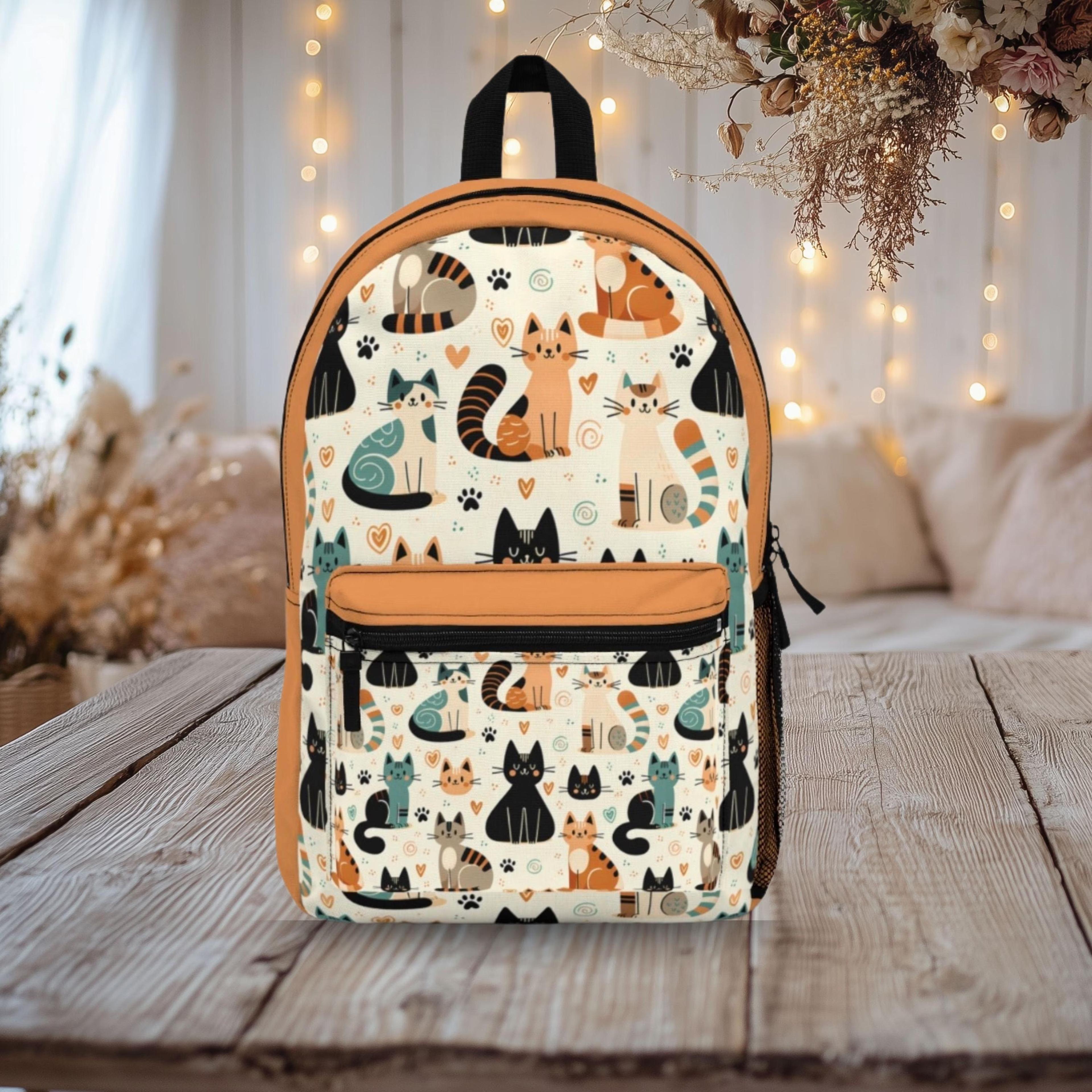 cat backpack for kids, cute kitty school bag, colorful cat print bookbag, animal back to school backpack for girls