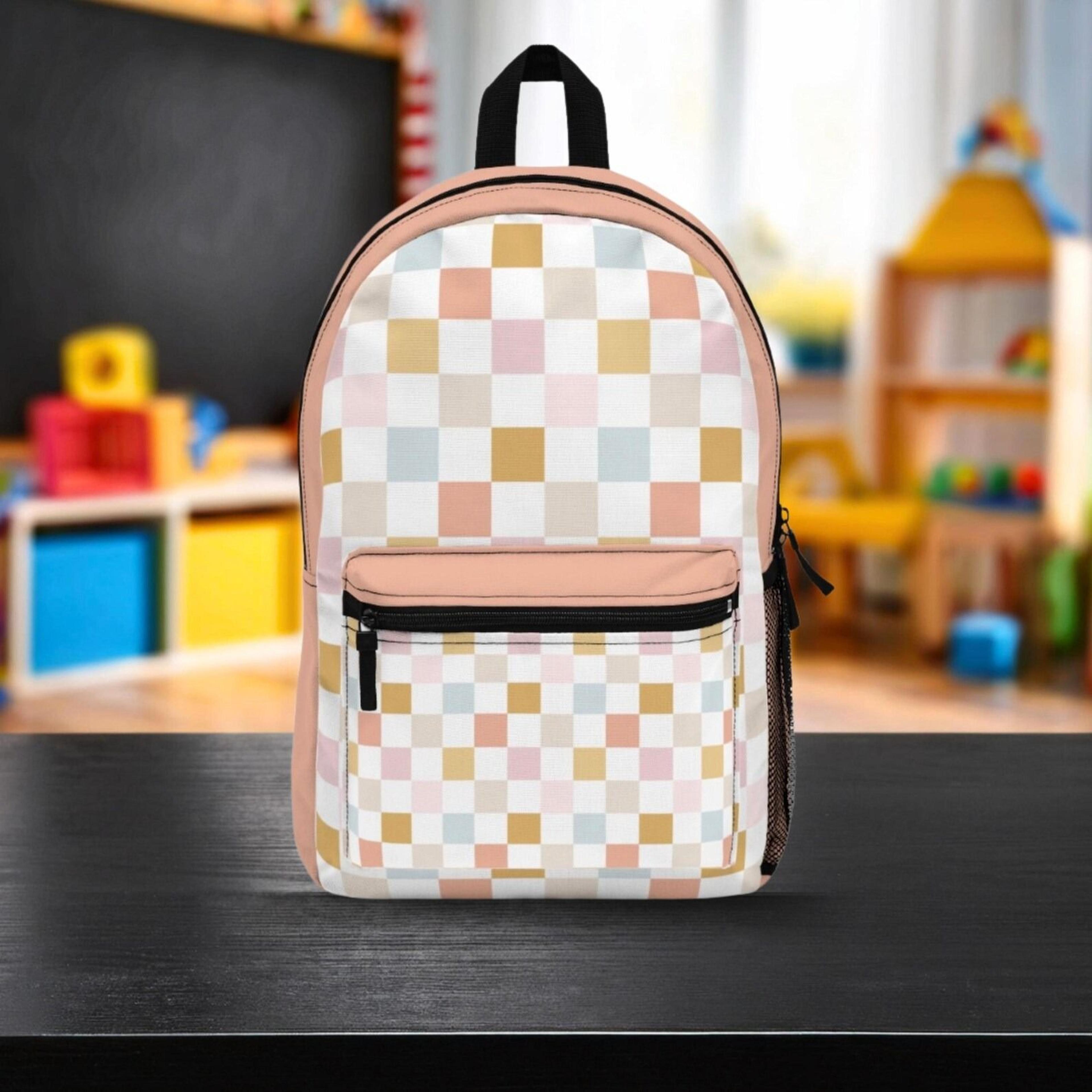 pastel checkered backpack for kids, neutral checker school bag, cute minimal back to school bookbag for girls