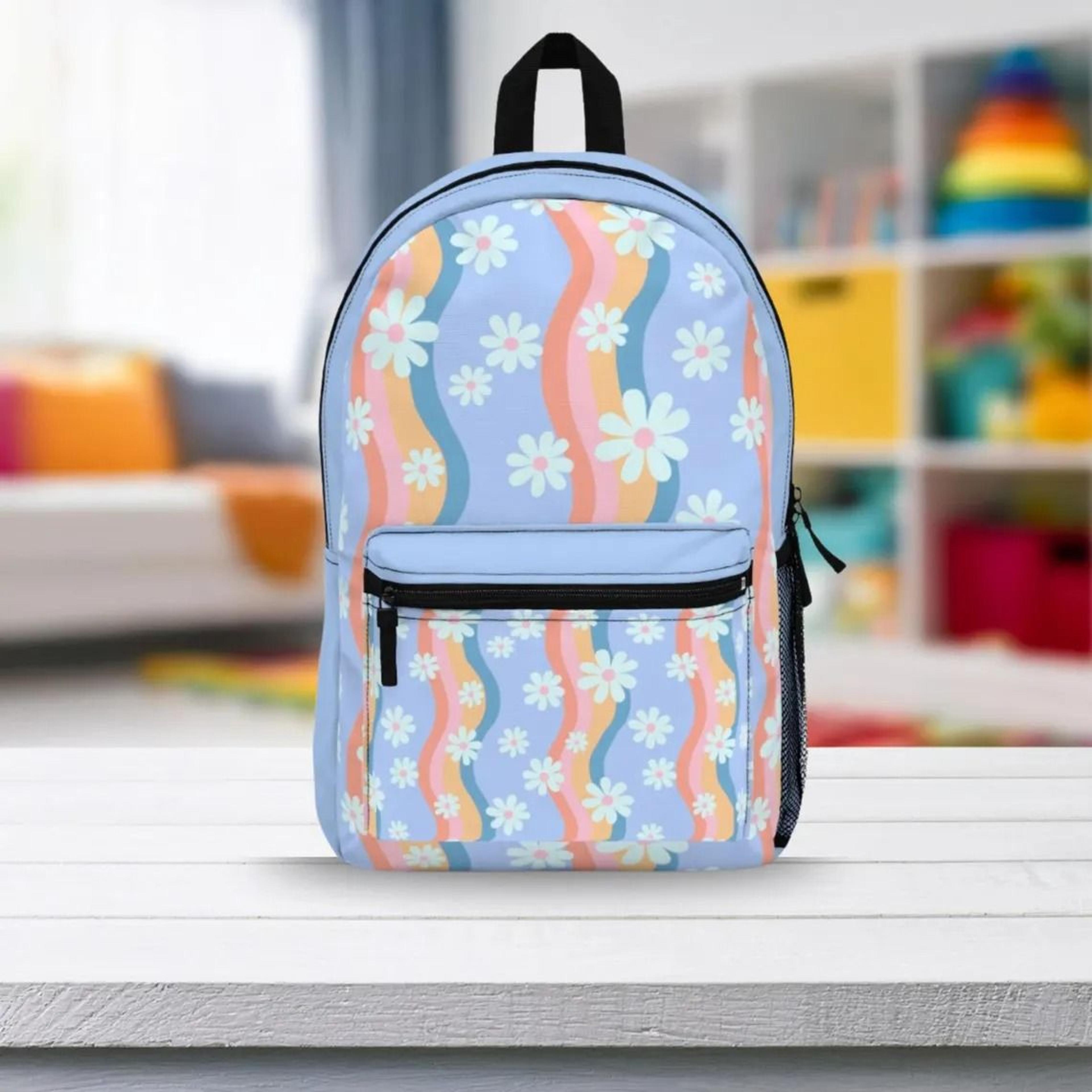 retro floral backpack for girls, daisy school bag, groovy pastel bookbag, cute back to school backpack for kids