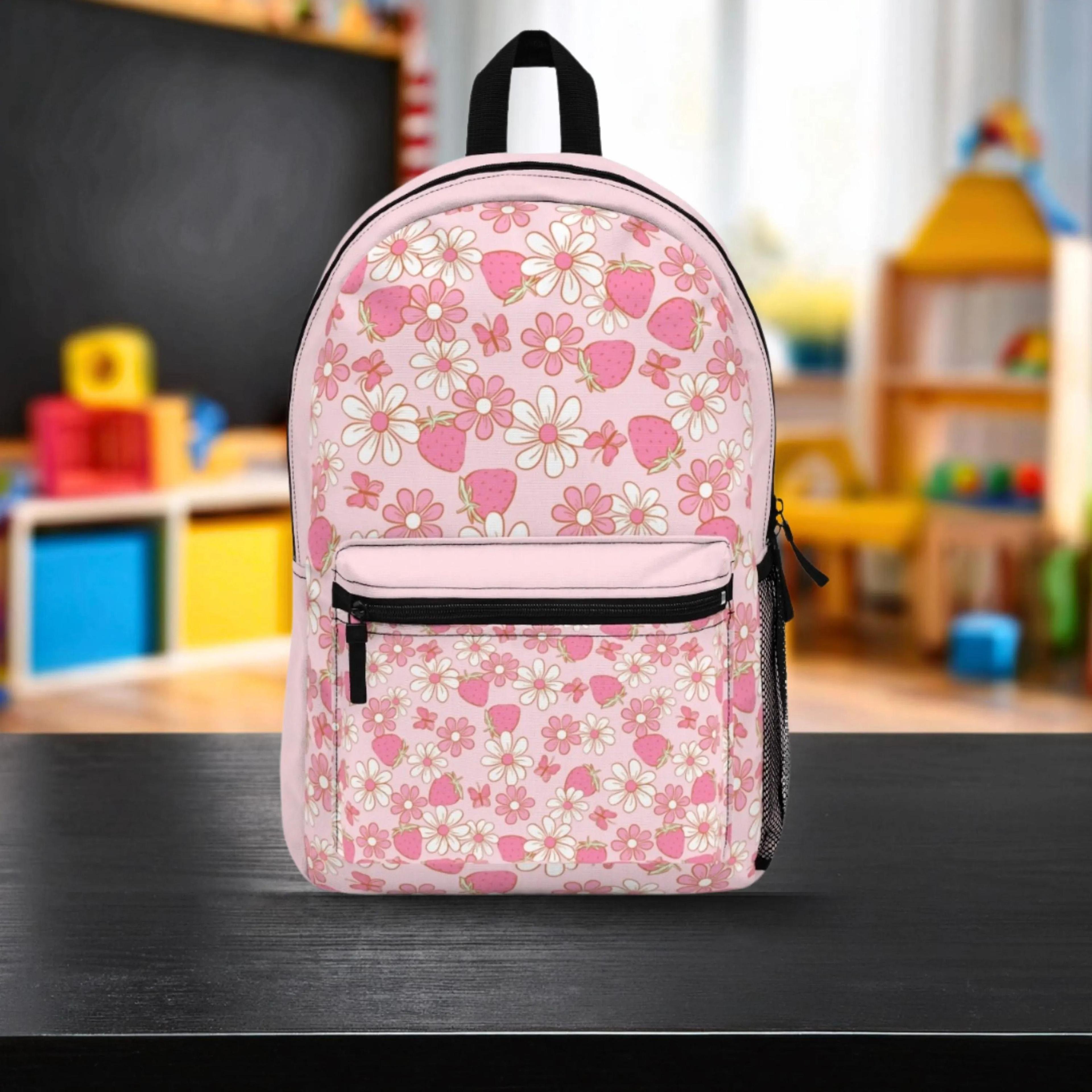 strawberry backpack for girls, pink floral school bag, daisy bookbag, cute back to school backpack, coquette gift