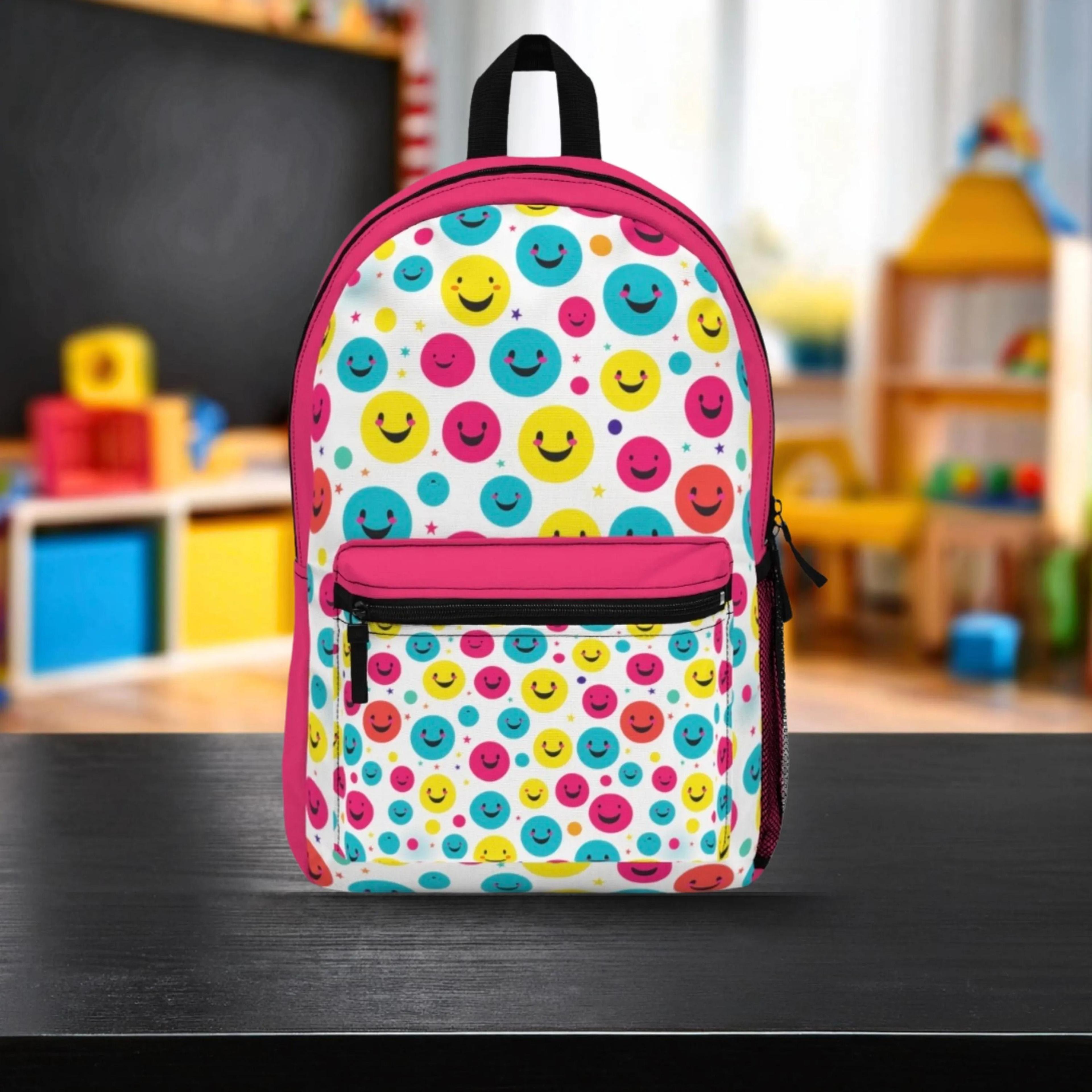 smiley face backpack for kids, colorful happy face school bag, cute emoji bookbag, back to school backpack for girls
