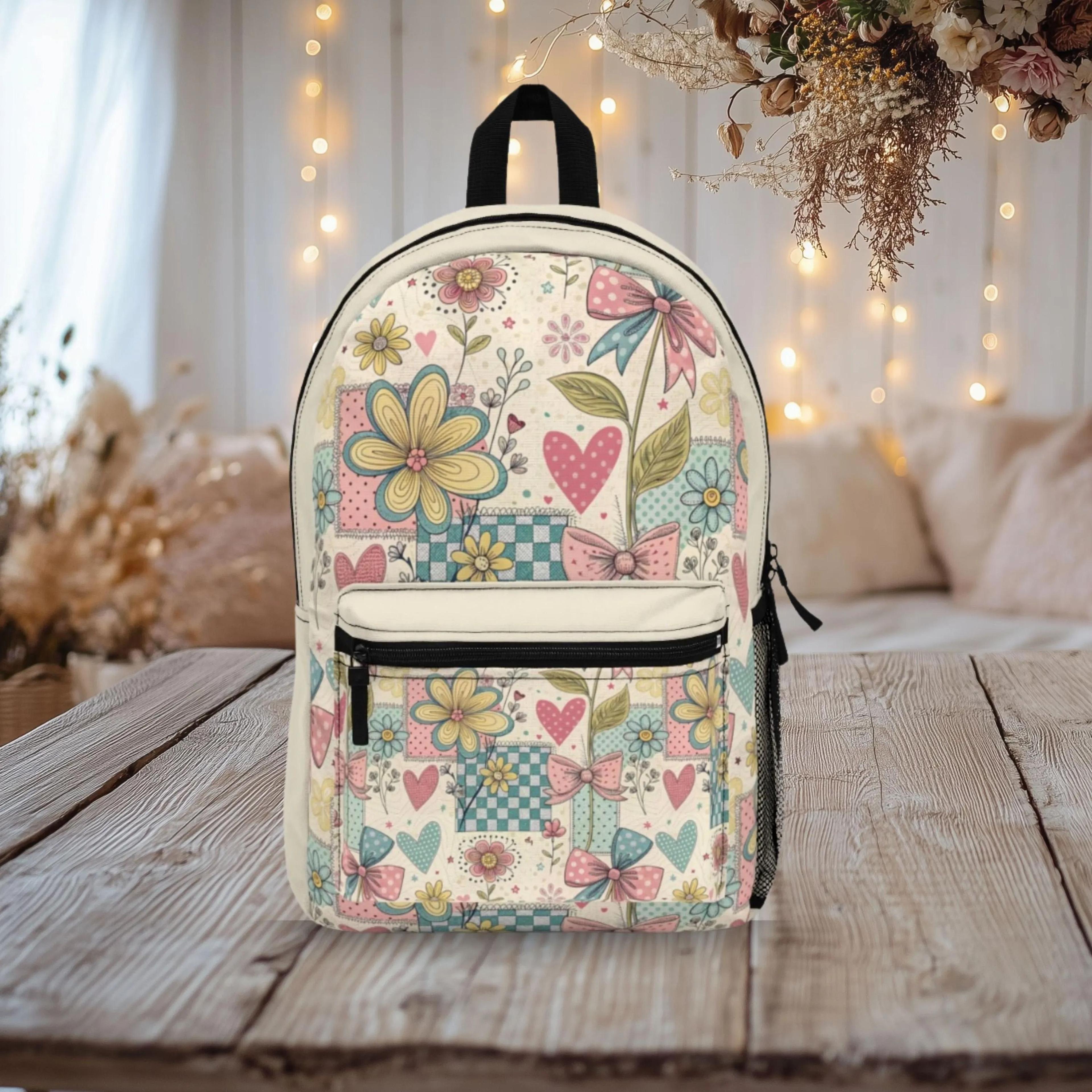 coquette floral backpack for girls, bow and heart school bag, cute patchwork bookbag, back to school backpack gift