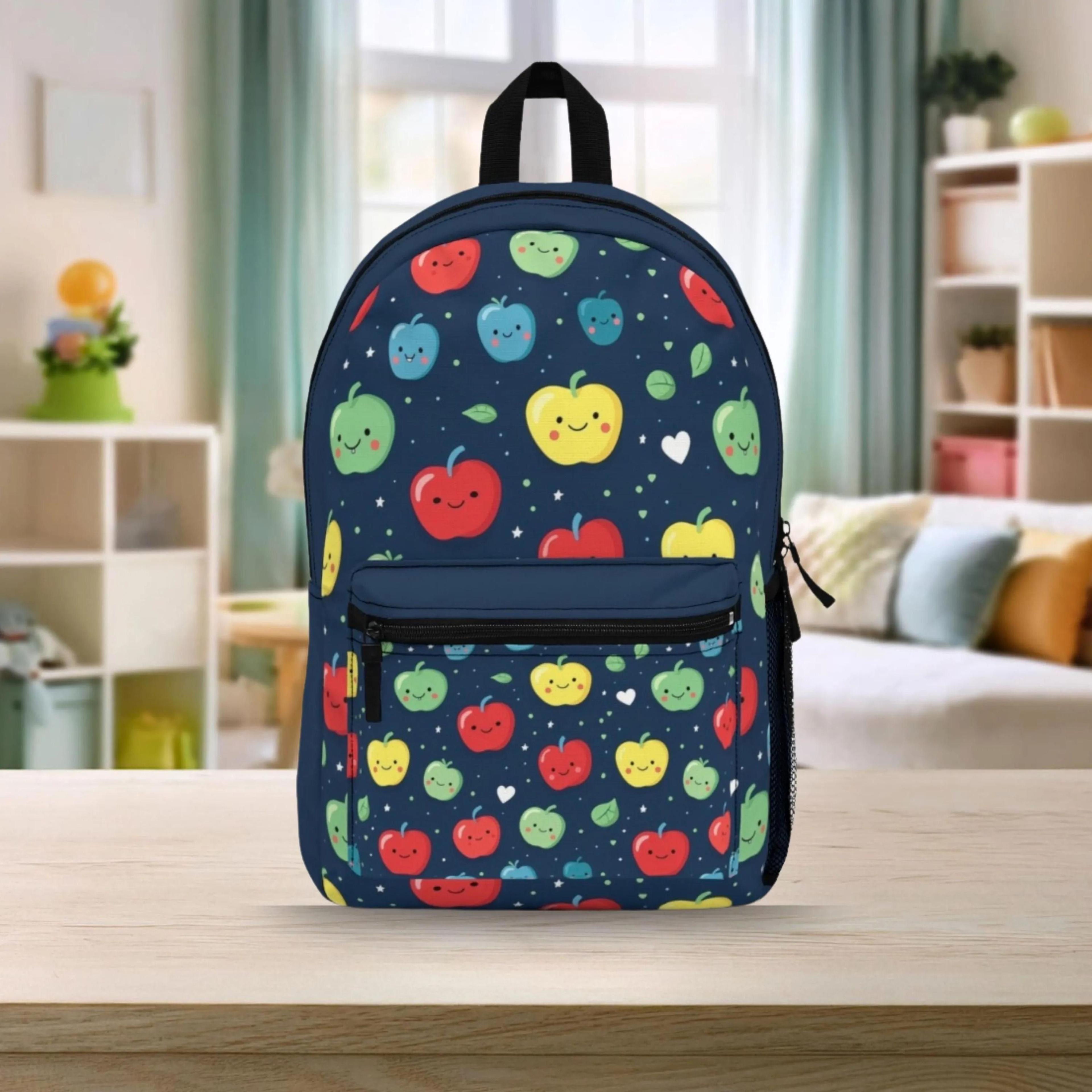 apple backpack for kids, cute fruit school bag, colorful smiling apple bookbag, back to school backpack for boys girls