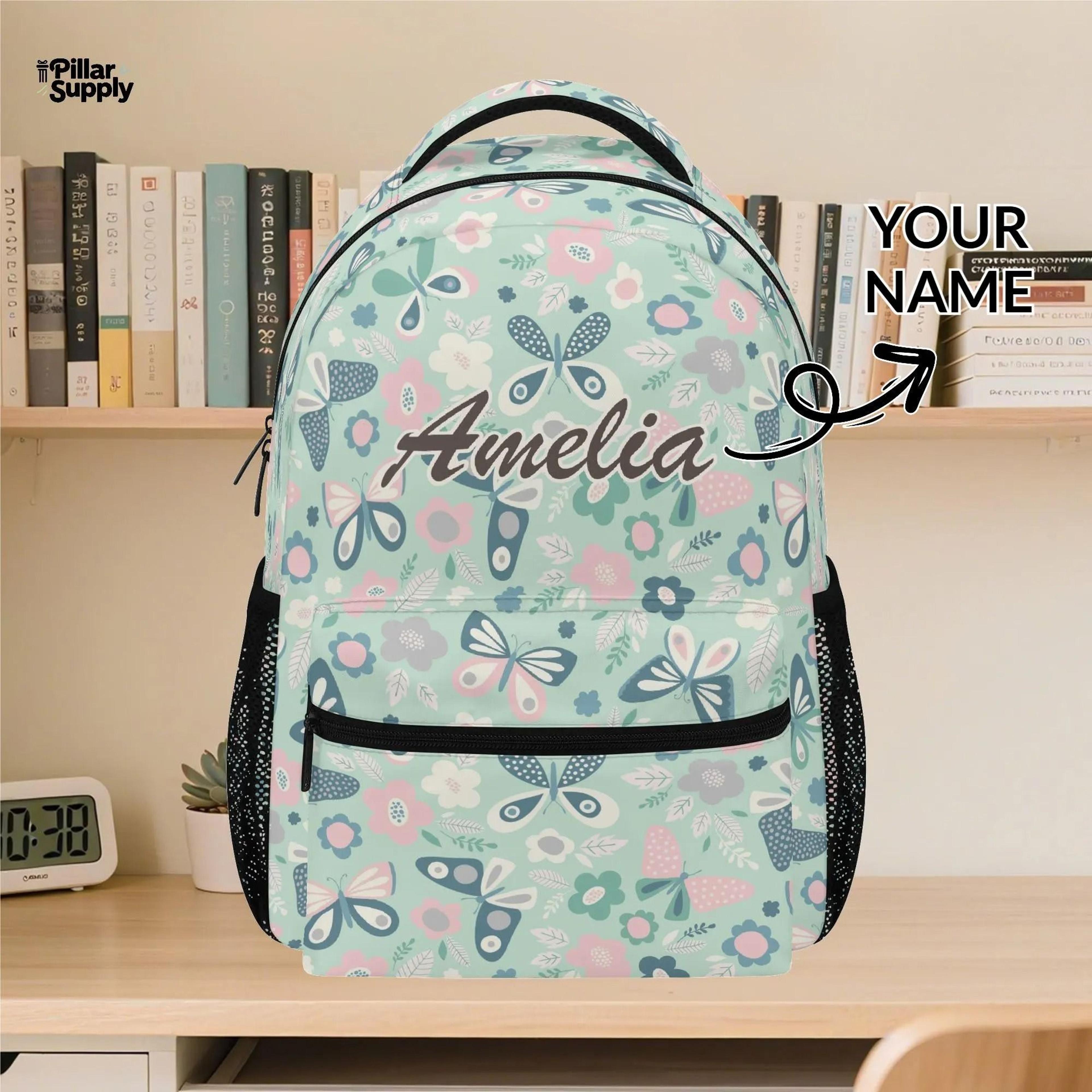 personalized butterfly backpack for girls, custom name floral school bag, cute back to school bookbag, kids gift