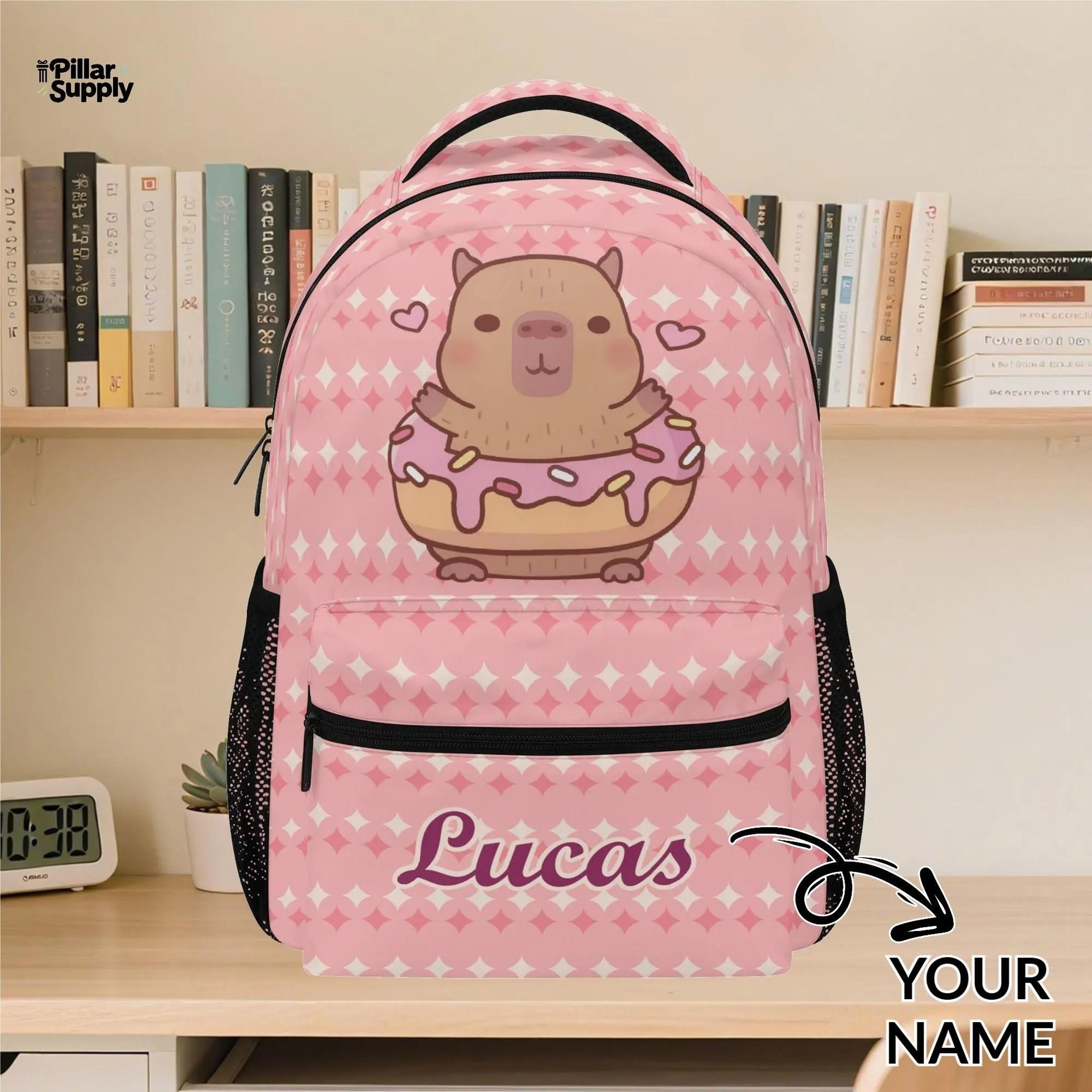 personalized capybara backpack for kids, cute pink donut school bag, custom name bookbag, back to school gift for girls