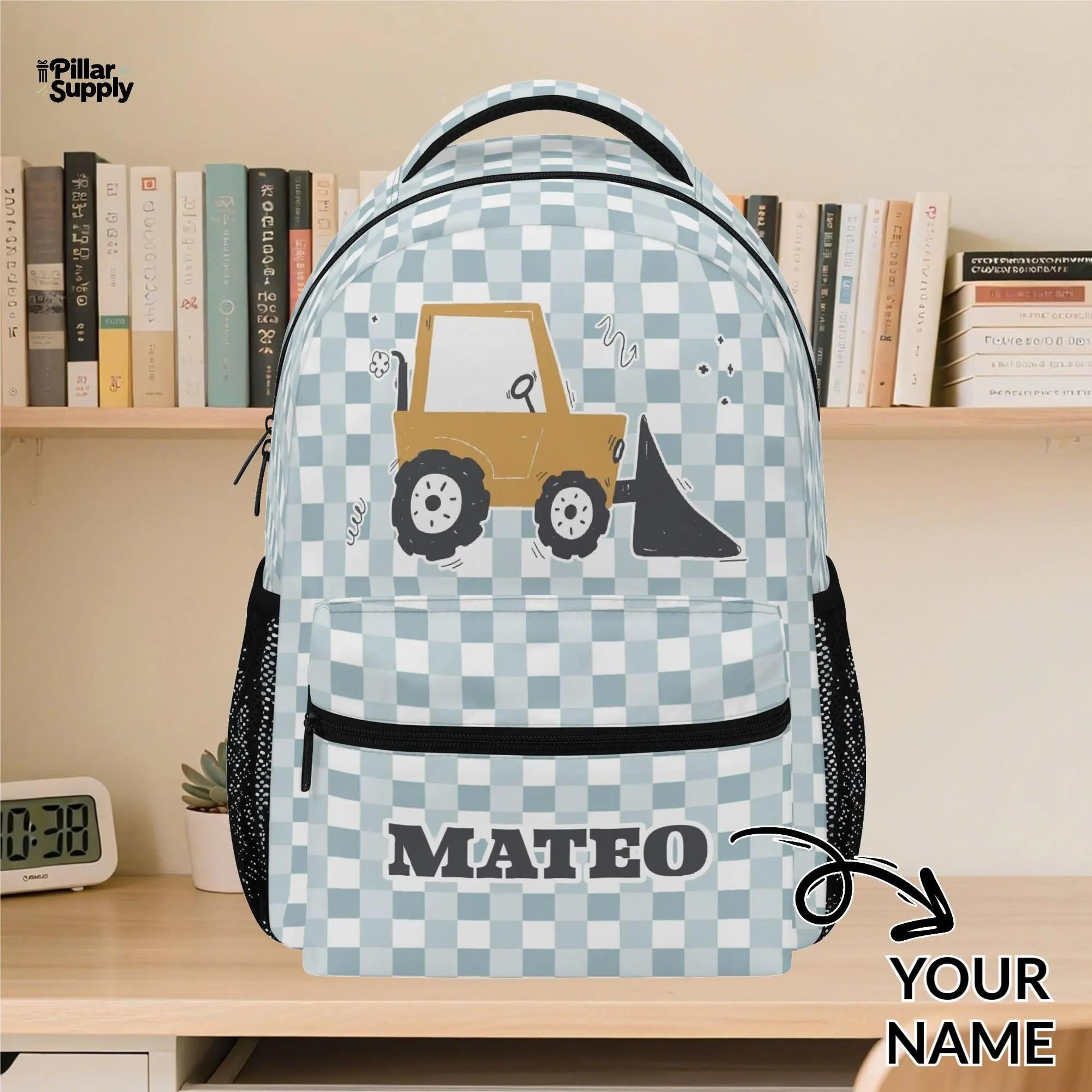 personalized construction backpack for boys, custom name digger school bag, excavator bookbag, back to school kids gift