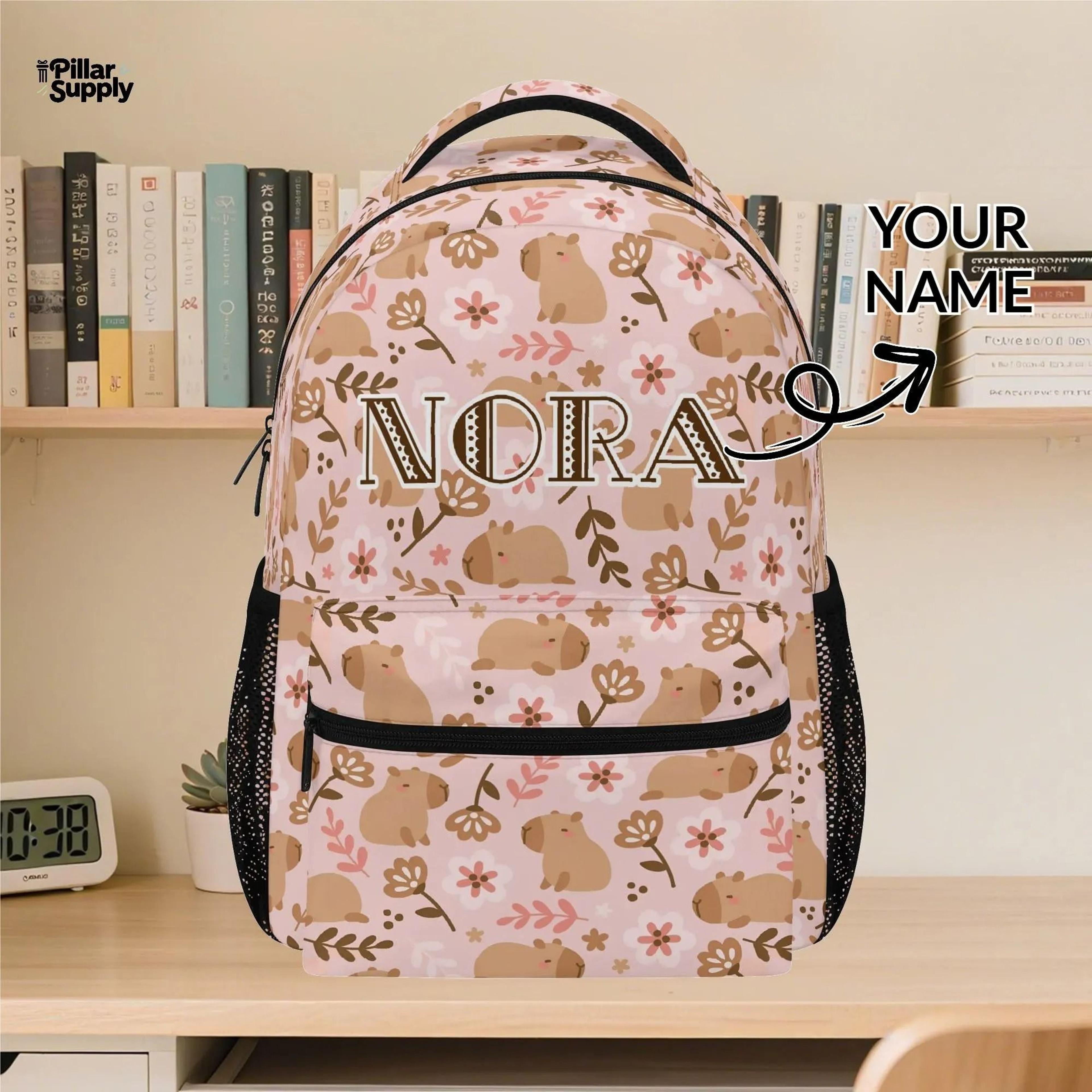 personalized capybara backpack for girls, custom name floral school bag, cute pink bookbag, back to school kids gift