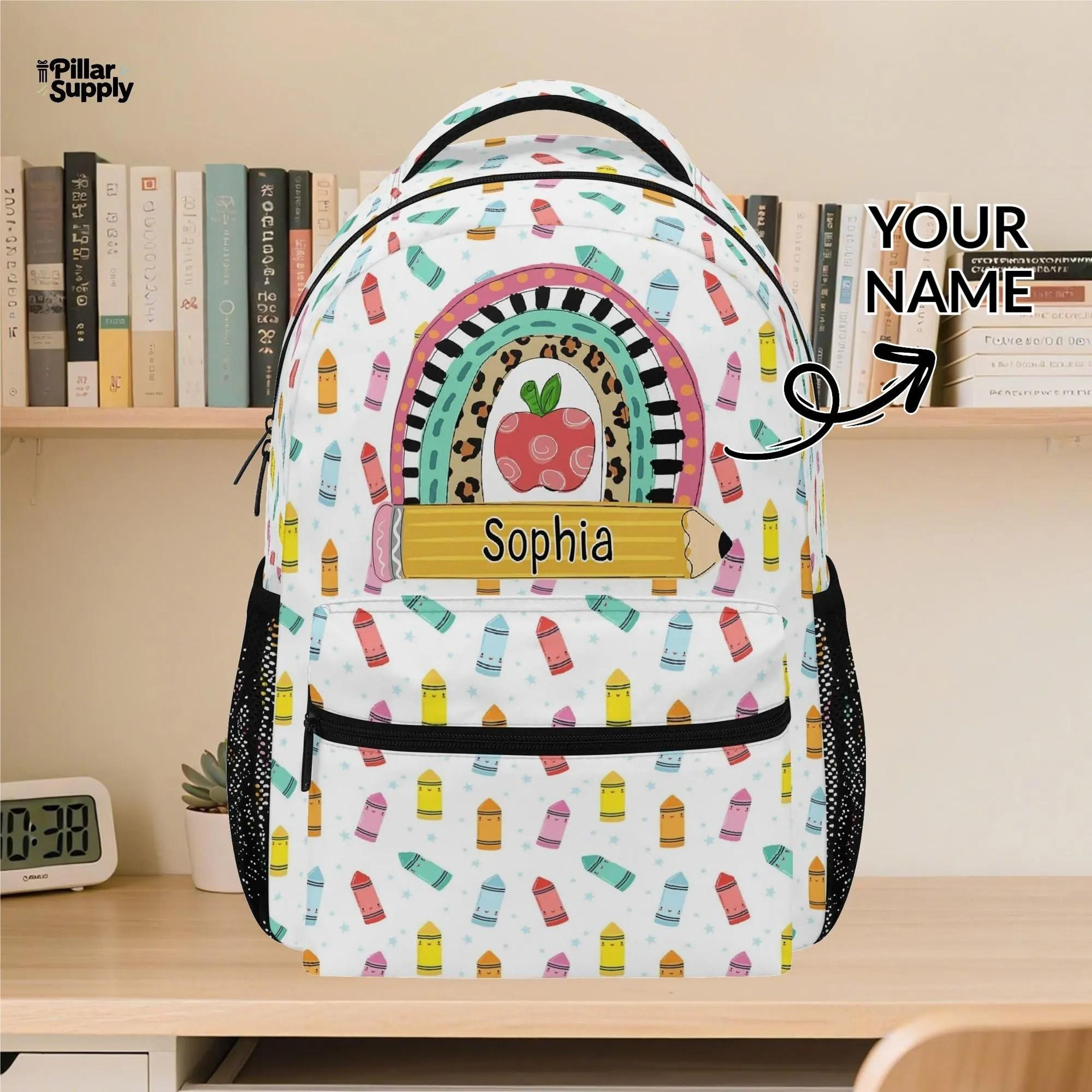 personalized crayon backpack for girls, custom name school bag, rainbow teacher bookbag, back to school kids gift