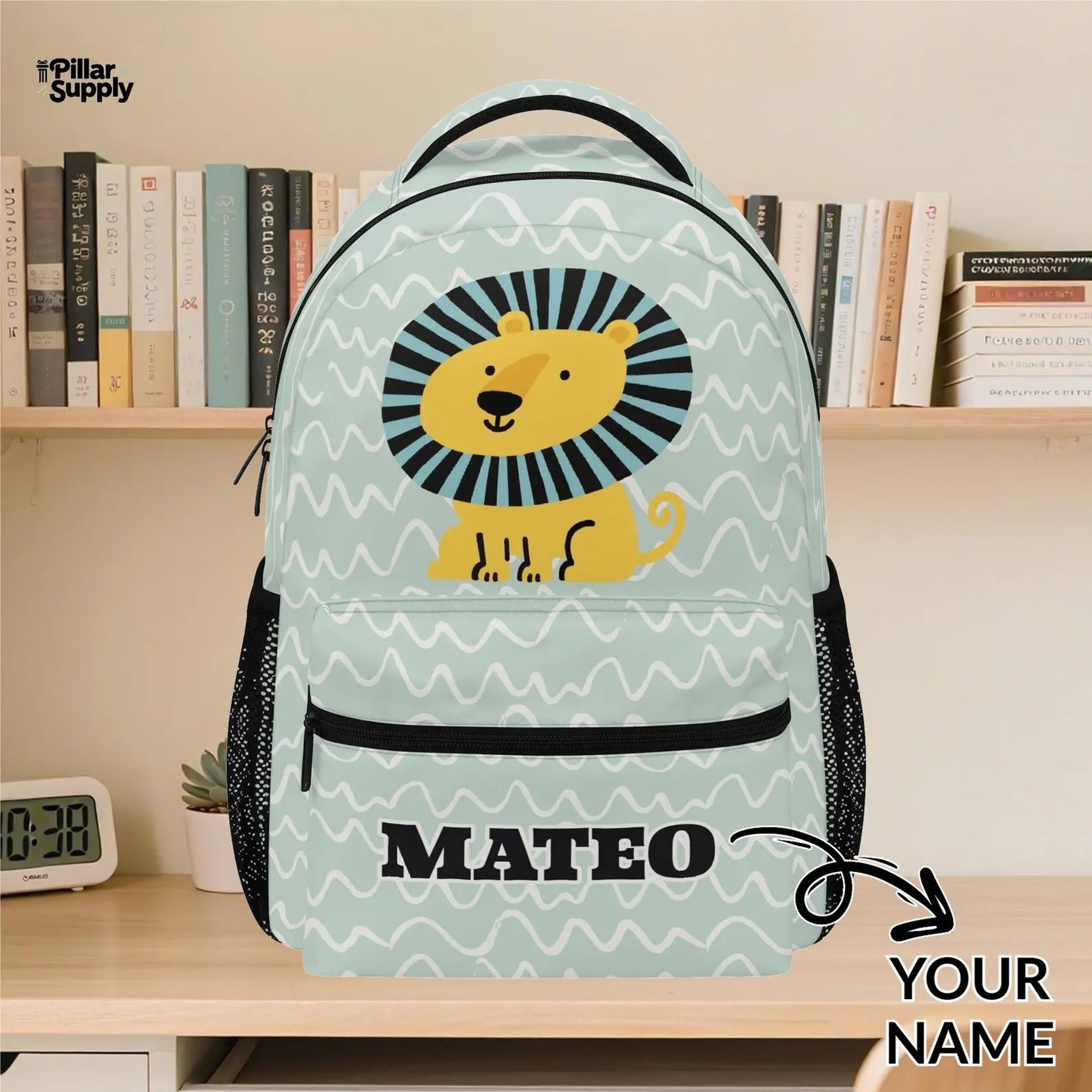 personalized lion backpack for boys, custom name kids school bag, cute safari animal bookbag, preschool backpack