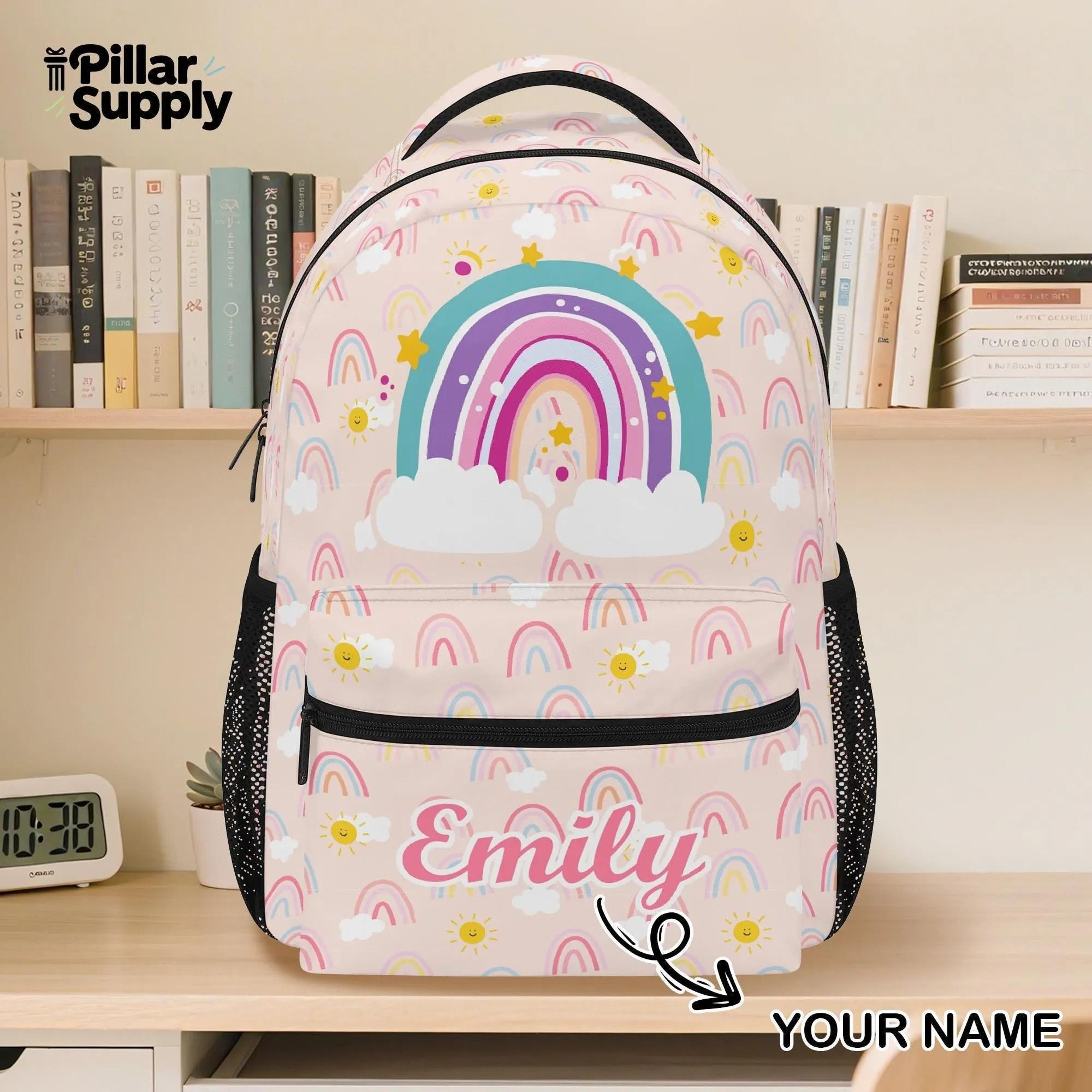 personalized rainbow backpack for girls, custom name kids school bag, cute pastel rainbow bookbag, preschool backpack