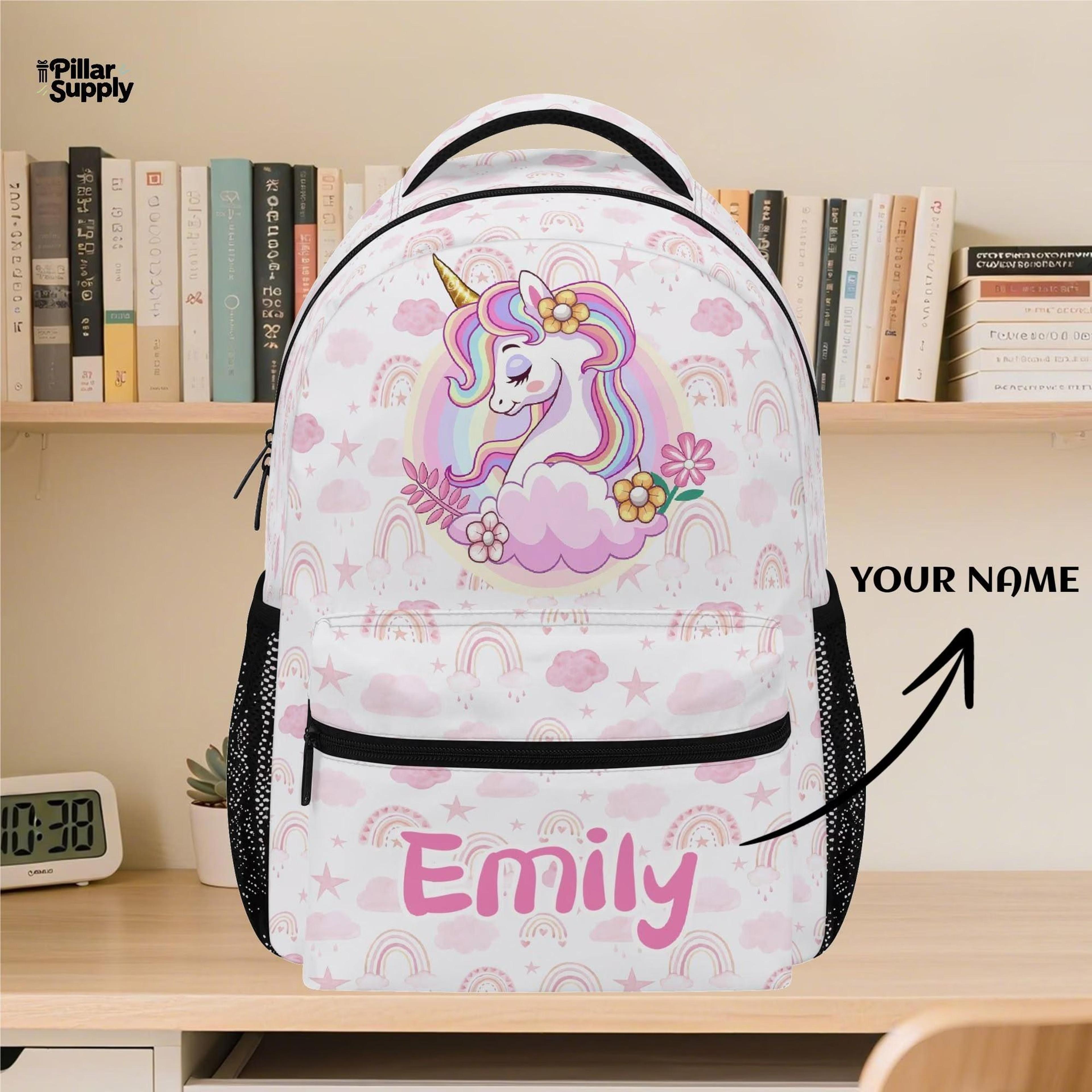 personalized unicorn backpack for girls, custom name rainbow school bag, cute magical kids bookbag, preschool backpack