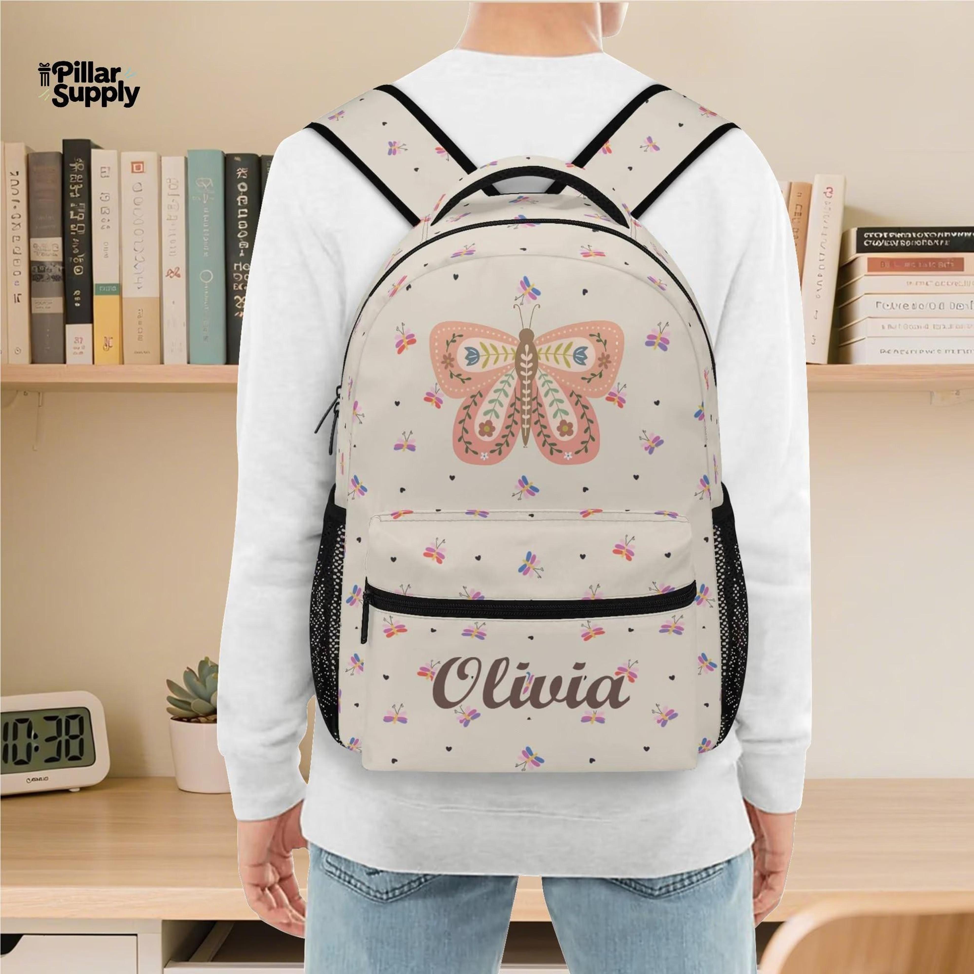 personalized butterfly backpack for girls, custom name floral school bag, boho butterfly kids bookbag