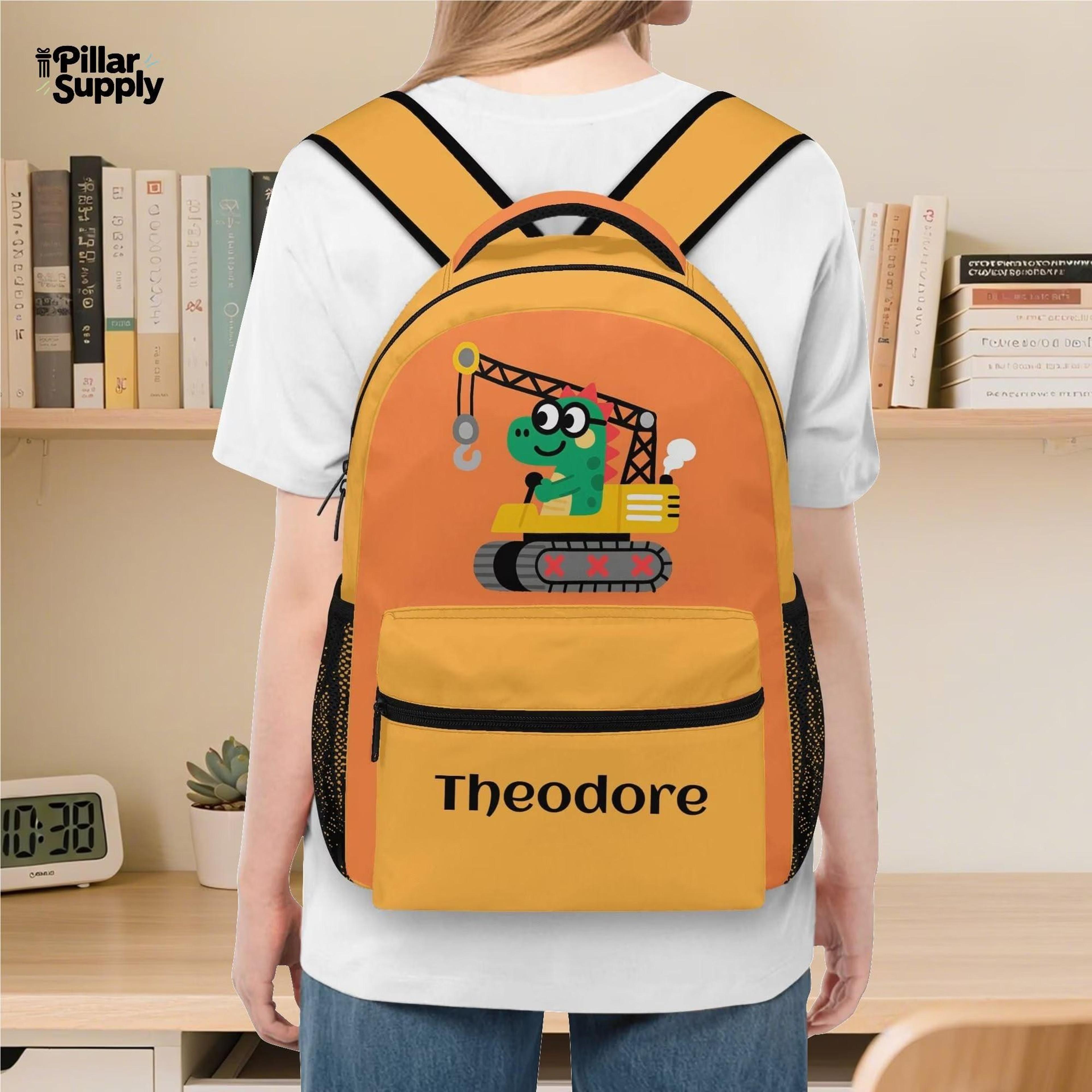 personalized dinosaur construction backpack for boys, custom name crane school bag, cute dino kids bookbag