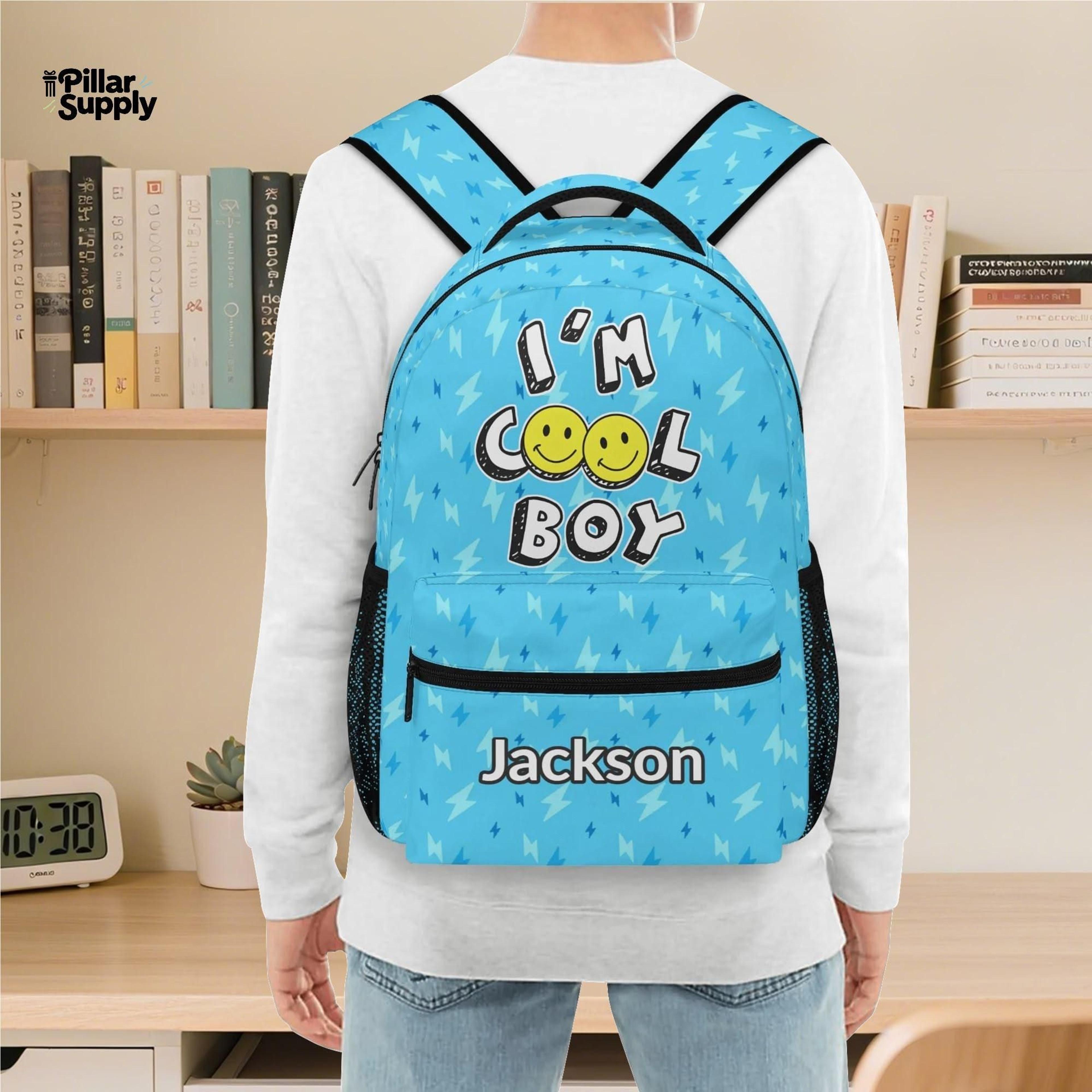 personalized cool boy backpack, custom name kids school bag, smiley face bookbag for boys, blue lightning backpack