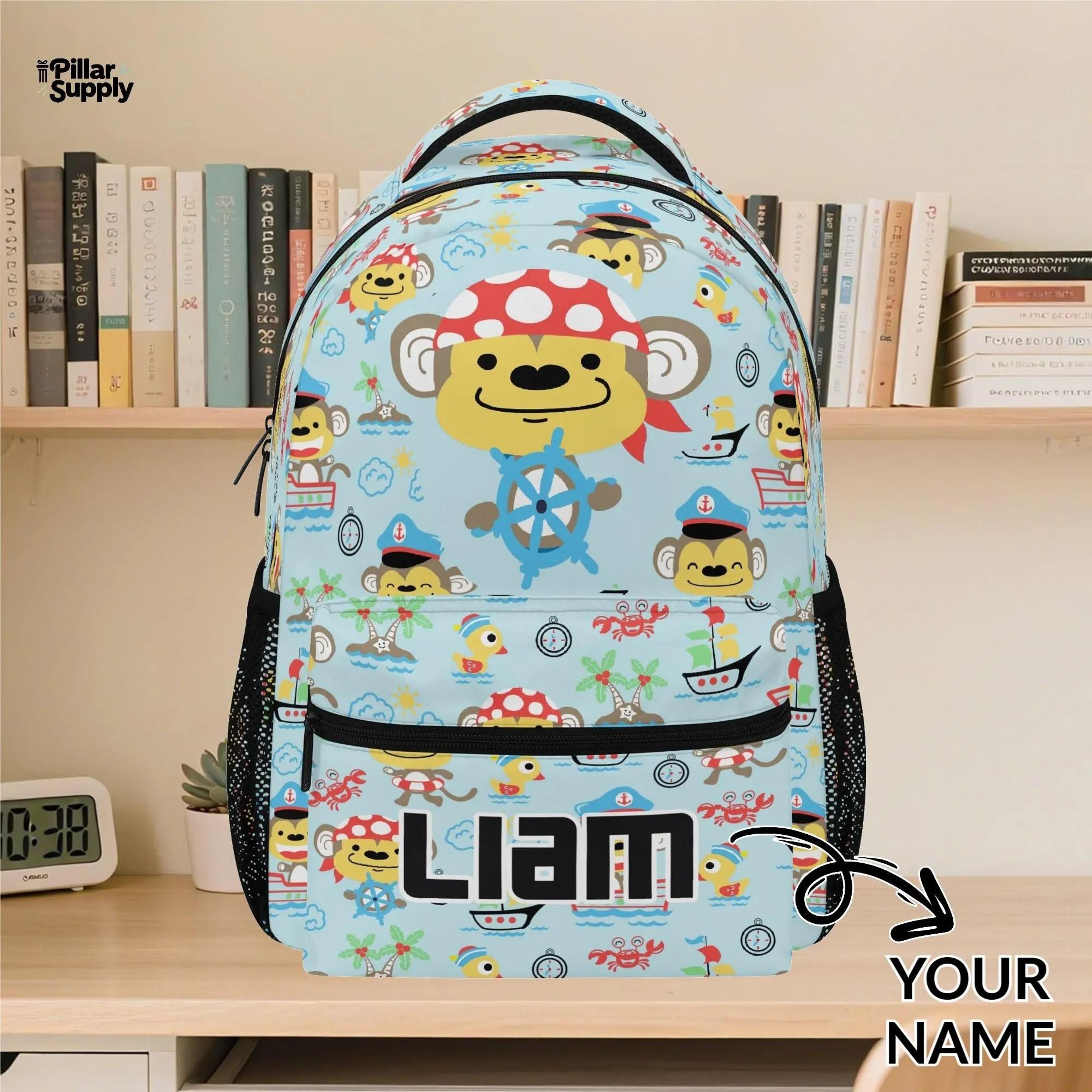 personalized pirate monkey backpack for boys, custom name kids school bag, cute nautical animal bookbag, preschool back