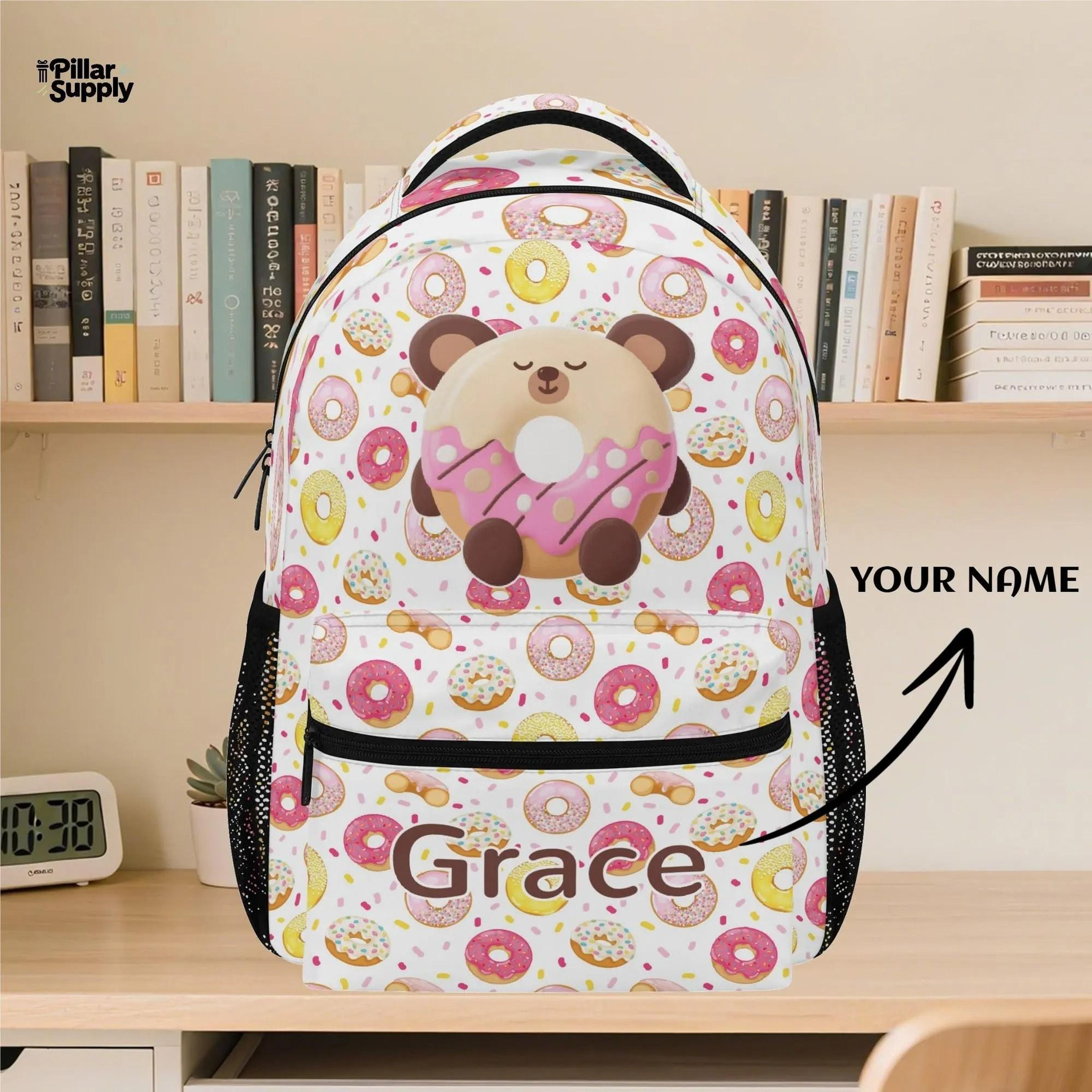 personalized donut bear backpack for girls, custom name kids school bag, cute sweet treat bookbag, preschool backpack