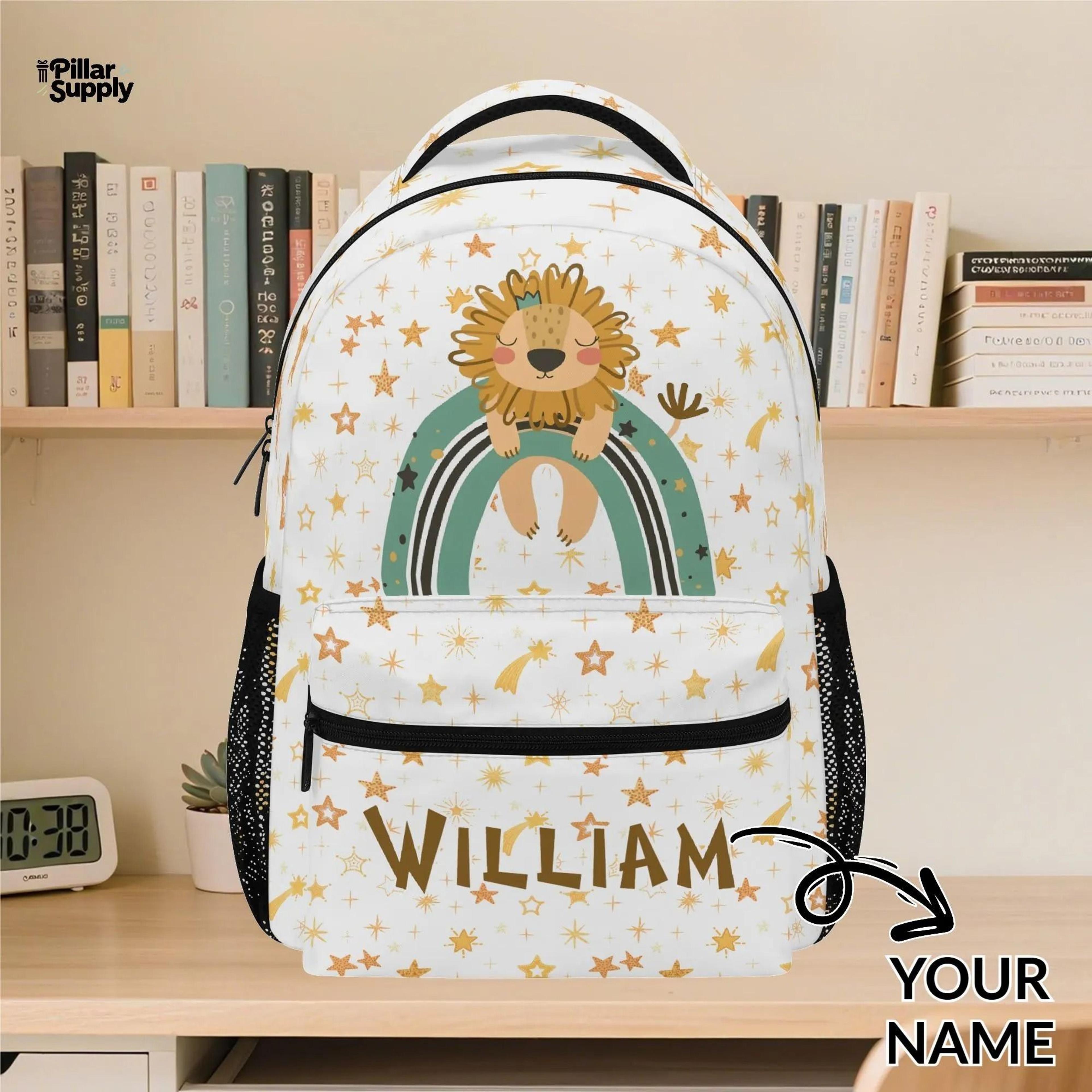 personalized lion rainbow backpack for boys, custom name kids school bag, cute boho lion bookbag, preschool backpack