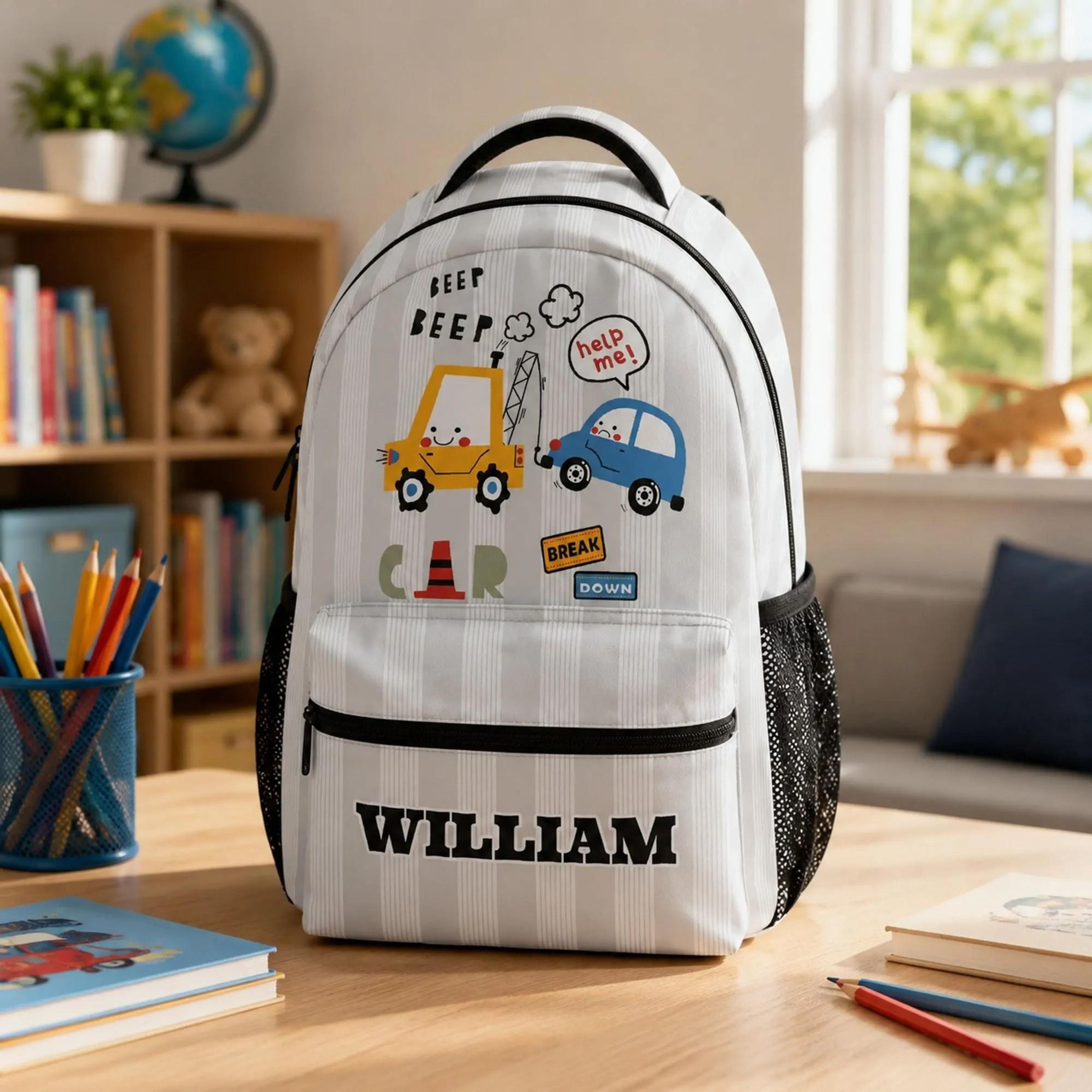 personalized tow truck backpack for boys, custom name car school bag, vehicle kids bookbag, preschool backpack