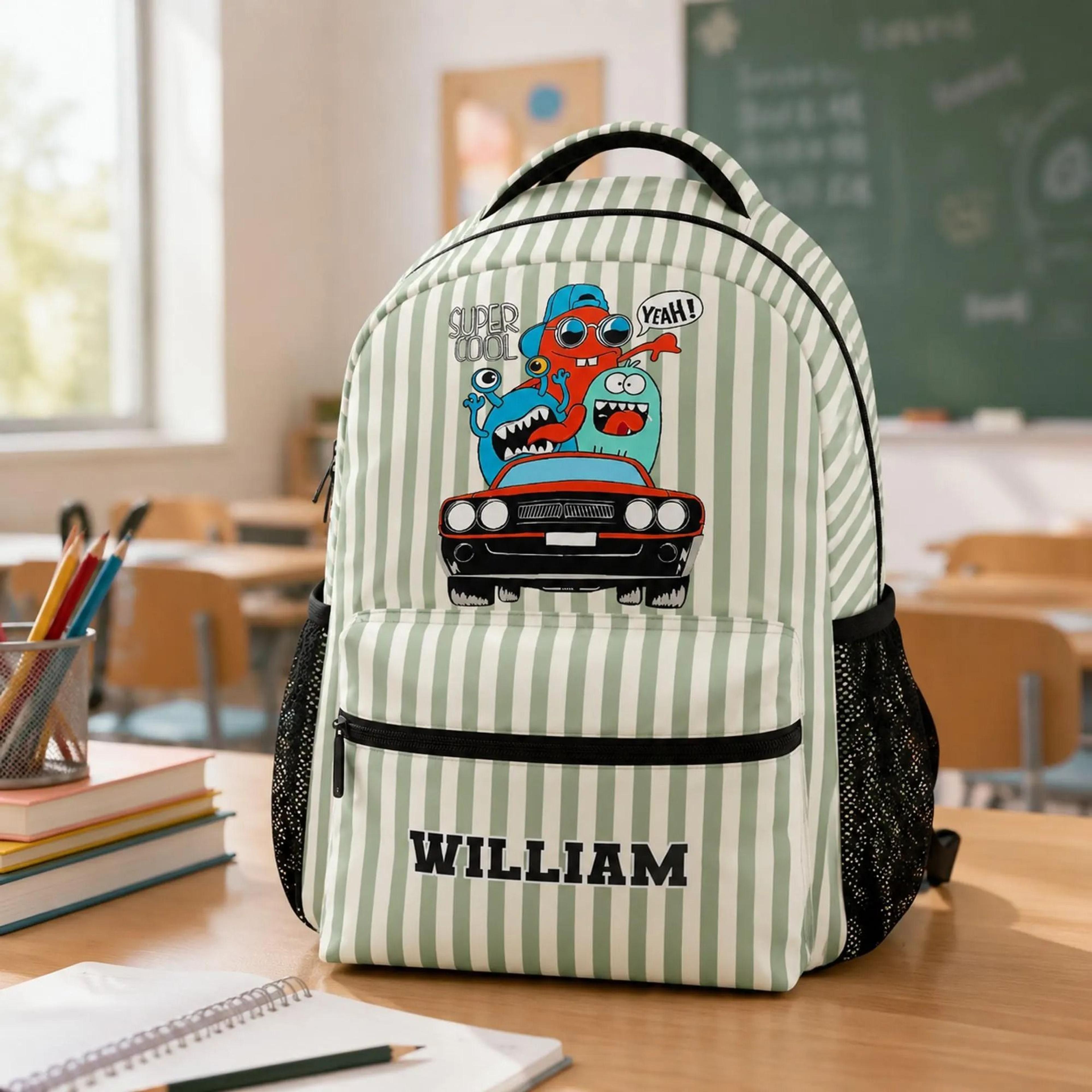 personalized monster car backpack for boys, custom name kids school bag, cool monster bookbag, preschool backpack