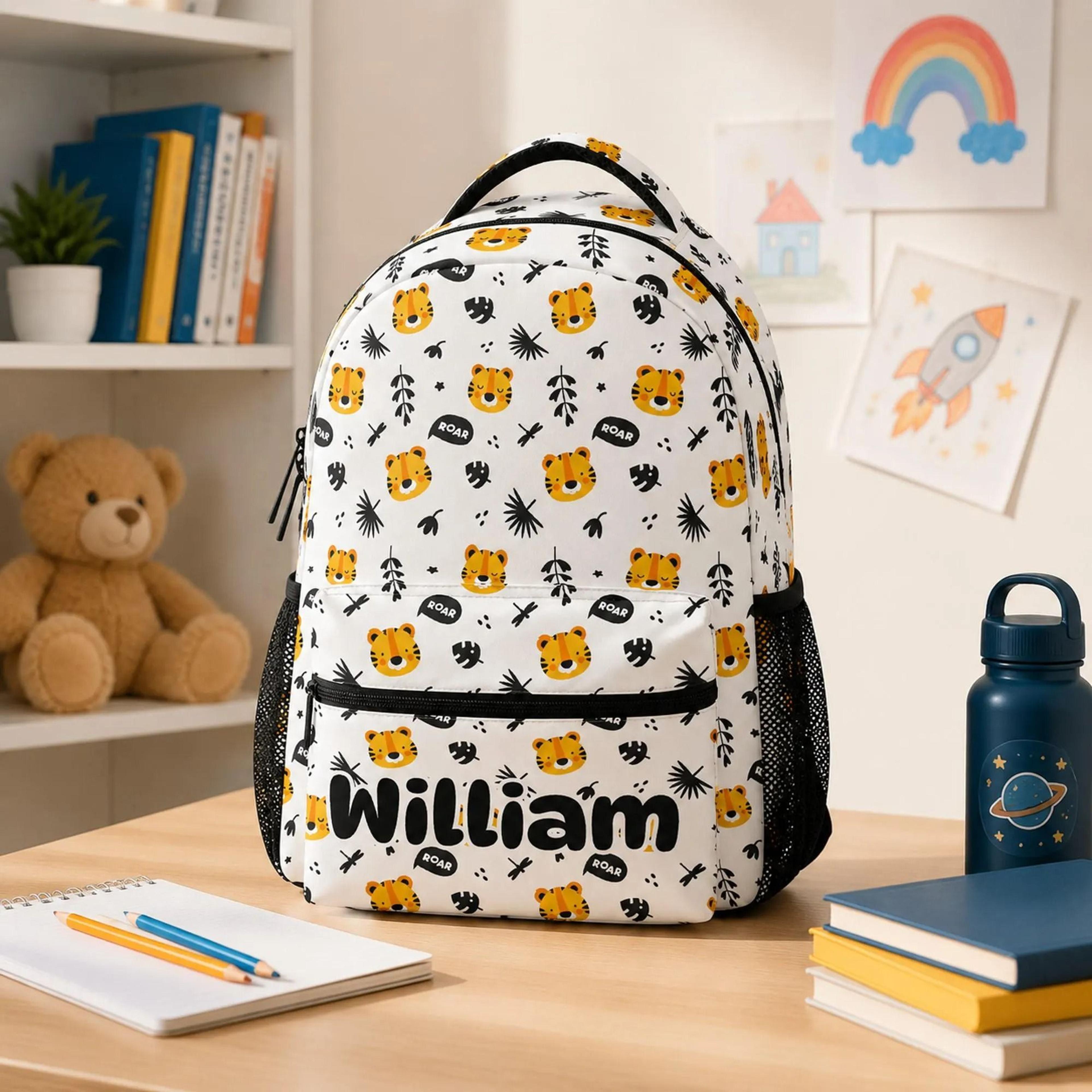 personalized tiger backpack for boys, custom name kids school bag, cute jungle animal bookbag, preschool backpack