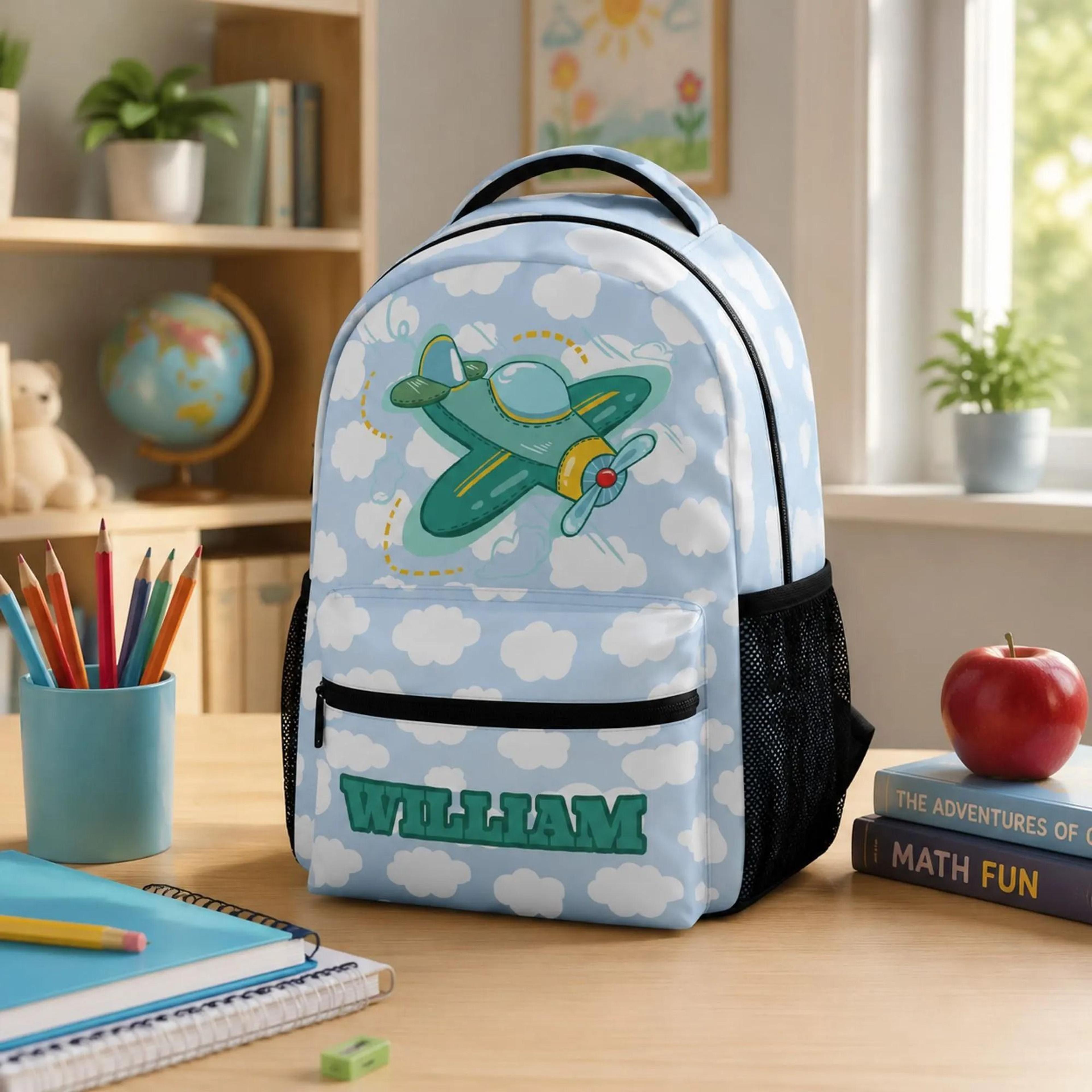 personalized airplane backpack for boys, custom name kids school bag, cute plane bookbag, preschool backpack