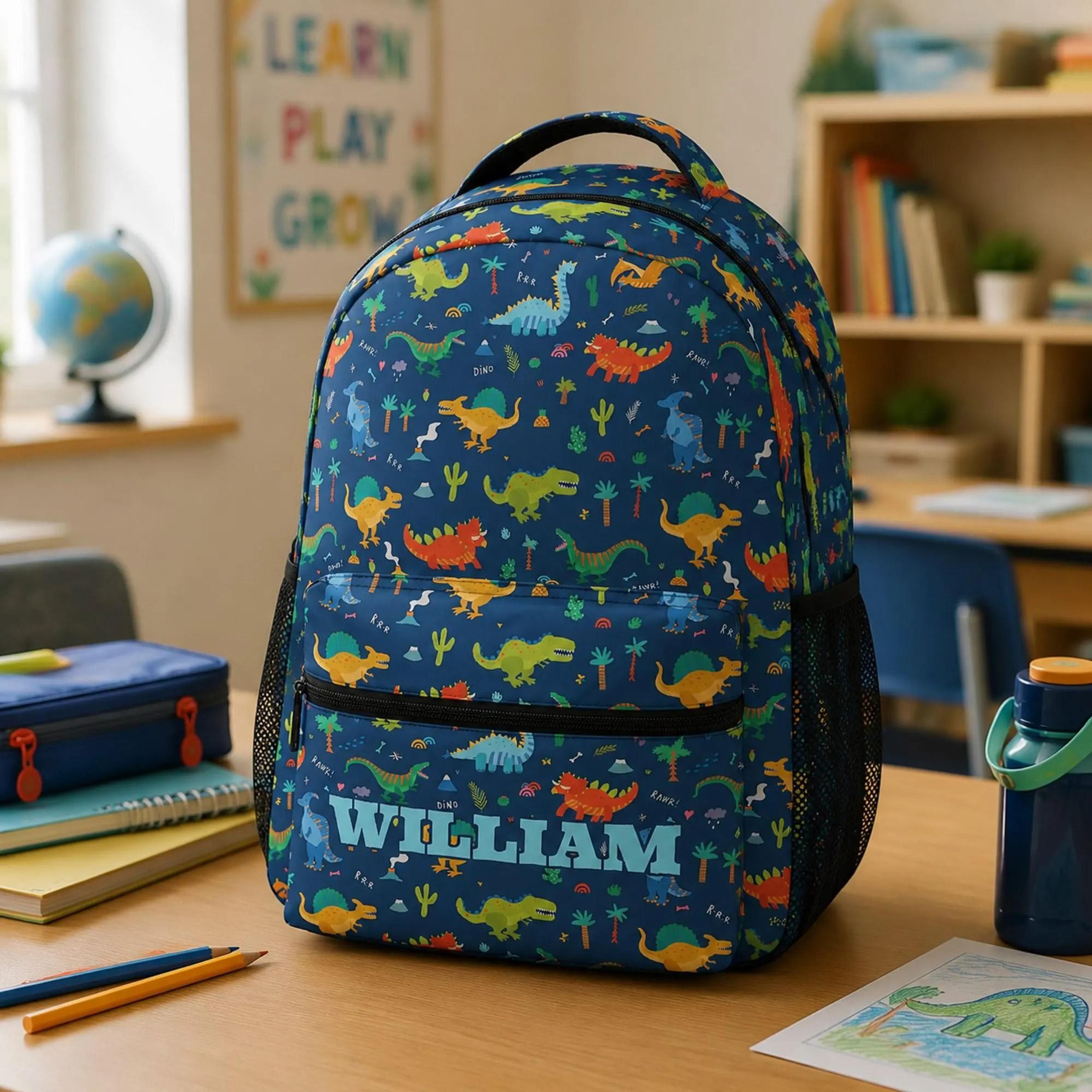 personalized dinosaur backpack for boys, custom name kids school bag, colorful dino bookbag, preschool backpack