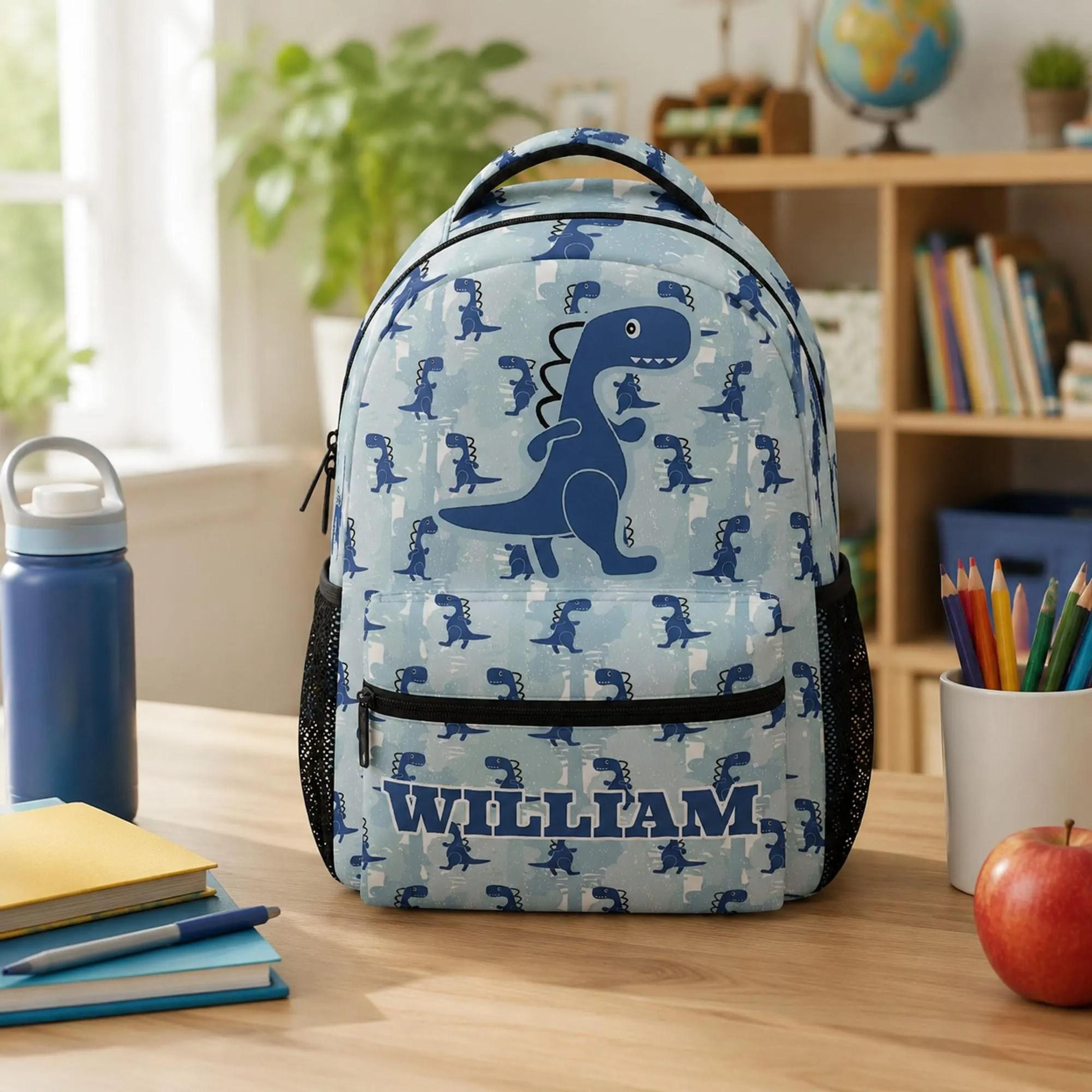 personalized blue dinosaur backpack for boys, custom name kids school bag, cute dino bookbag, preschool backpack, back t