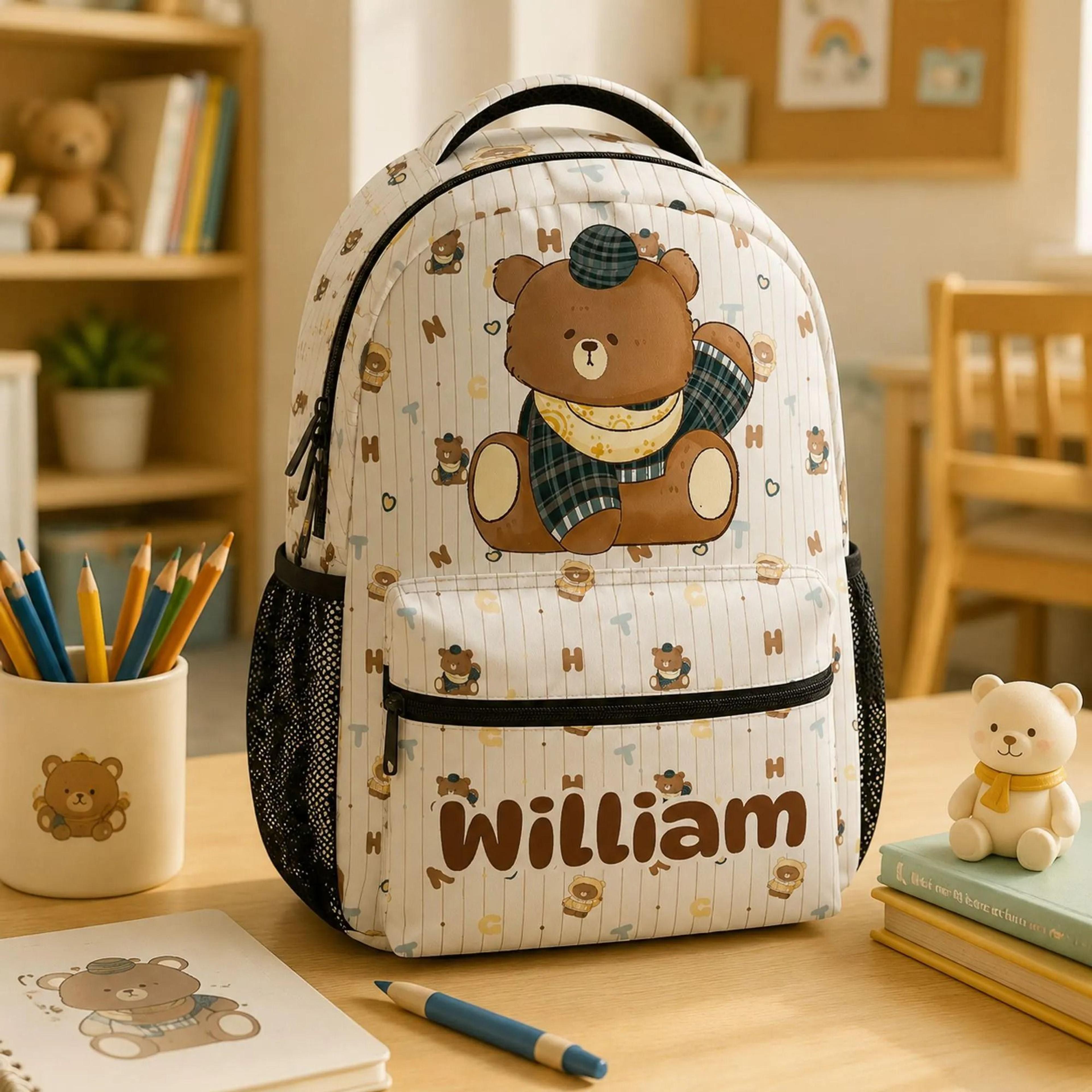 personalized teddy bear backpack for kids, custom name school bag, cute bear bookbag, boys preschool backpack