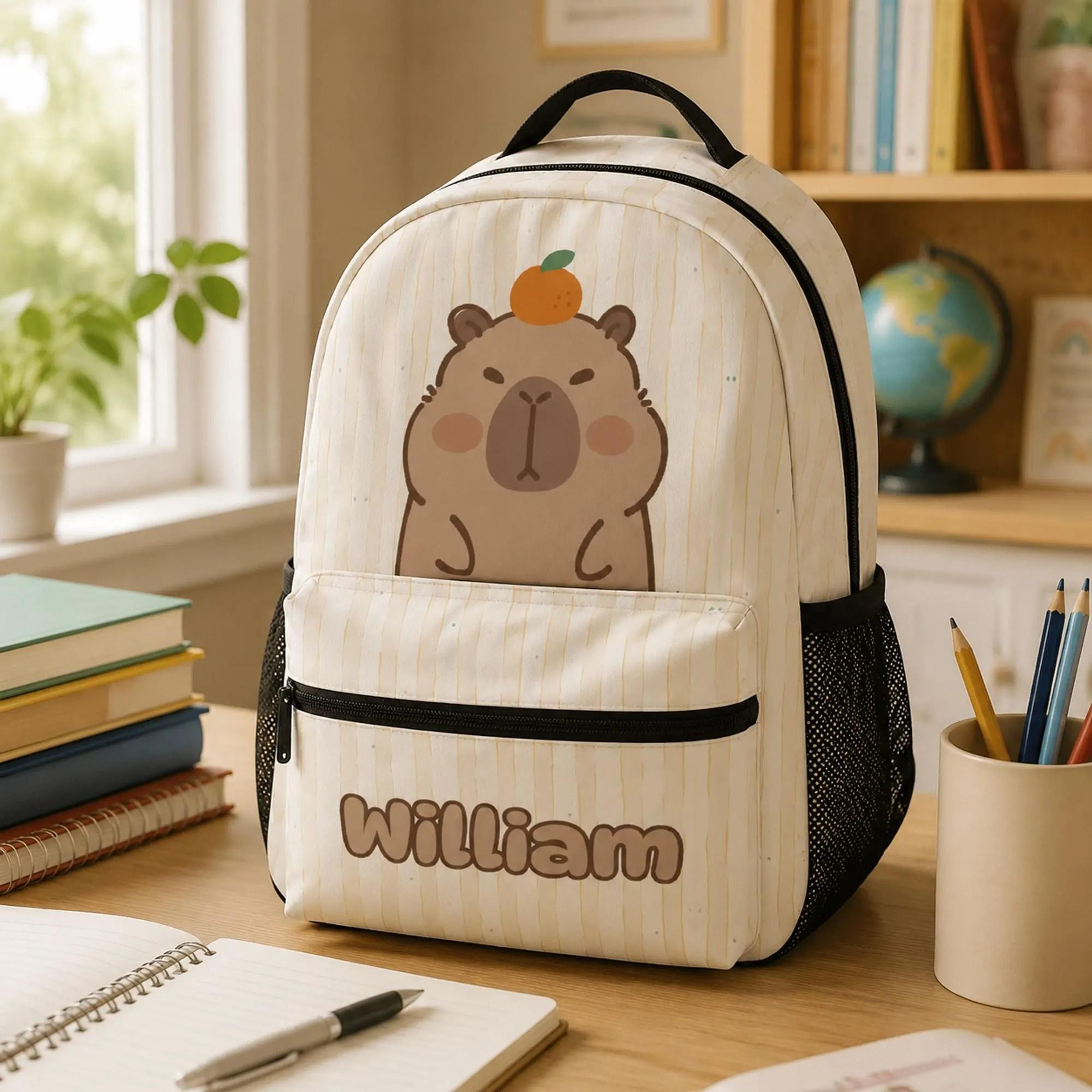 personalized capybara backpack for kids, custom name school bag, cute capybara bookbag, boys preschool backpack