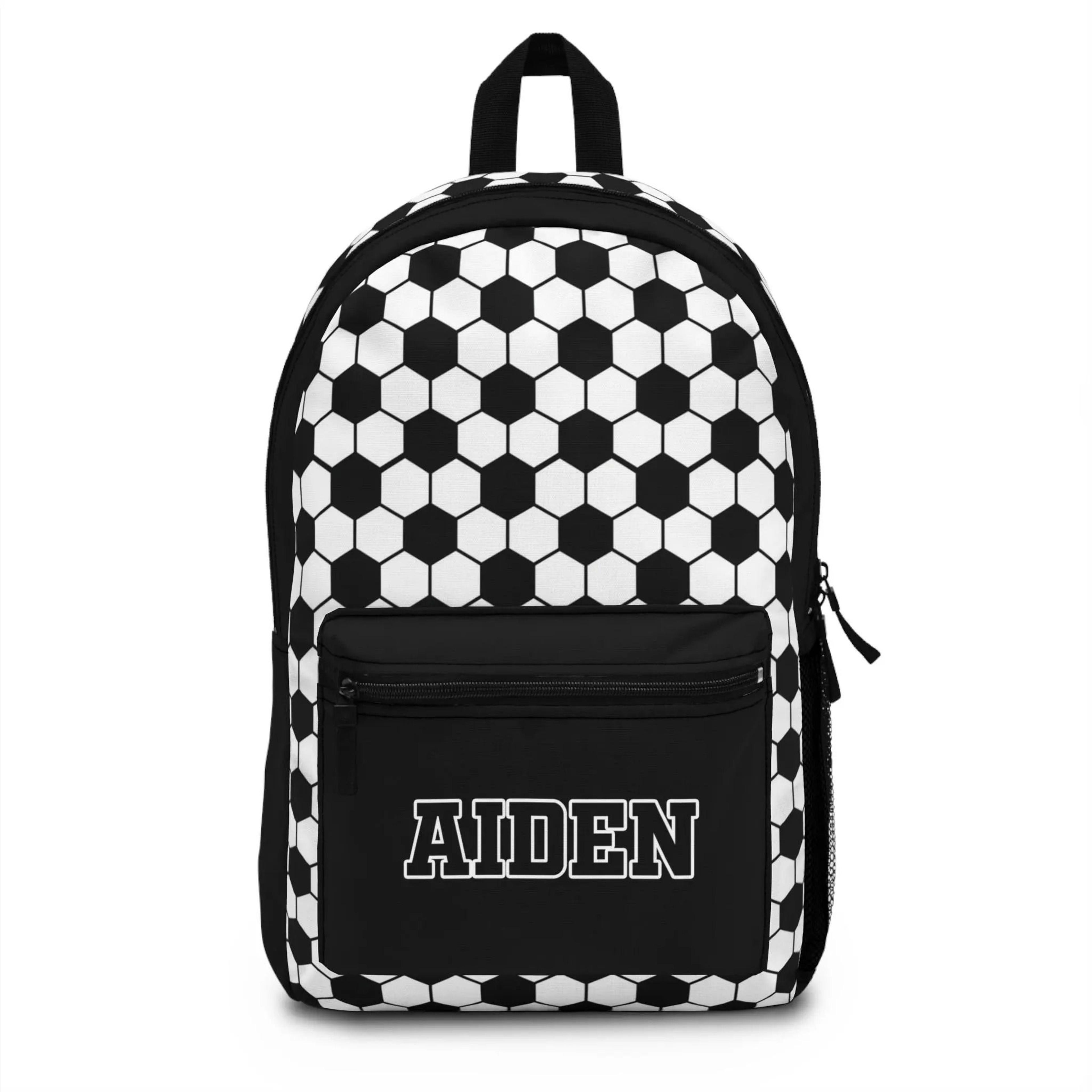 personalized soccer backpack for kids, custom name football school bag, black and white soccer bookbag, boys sports bag