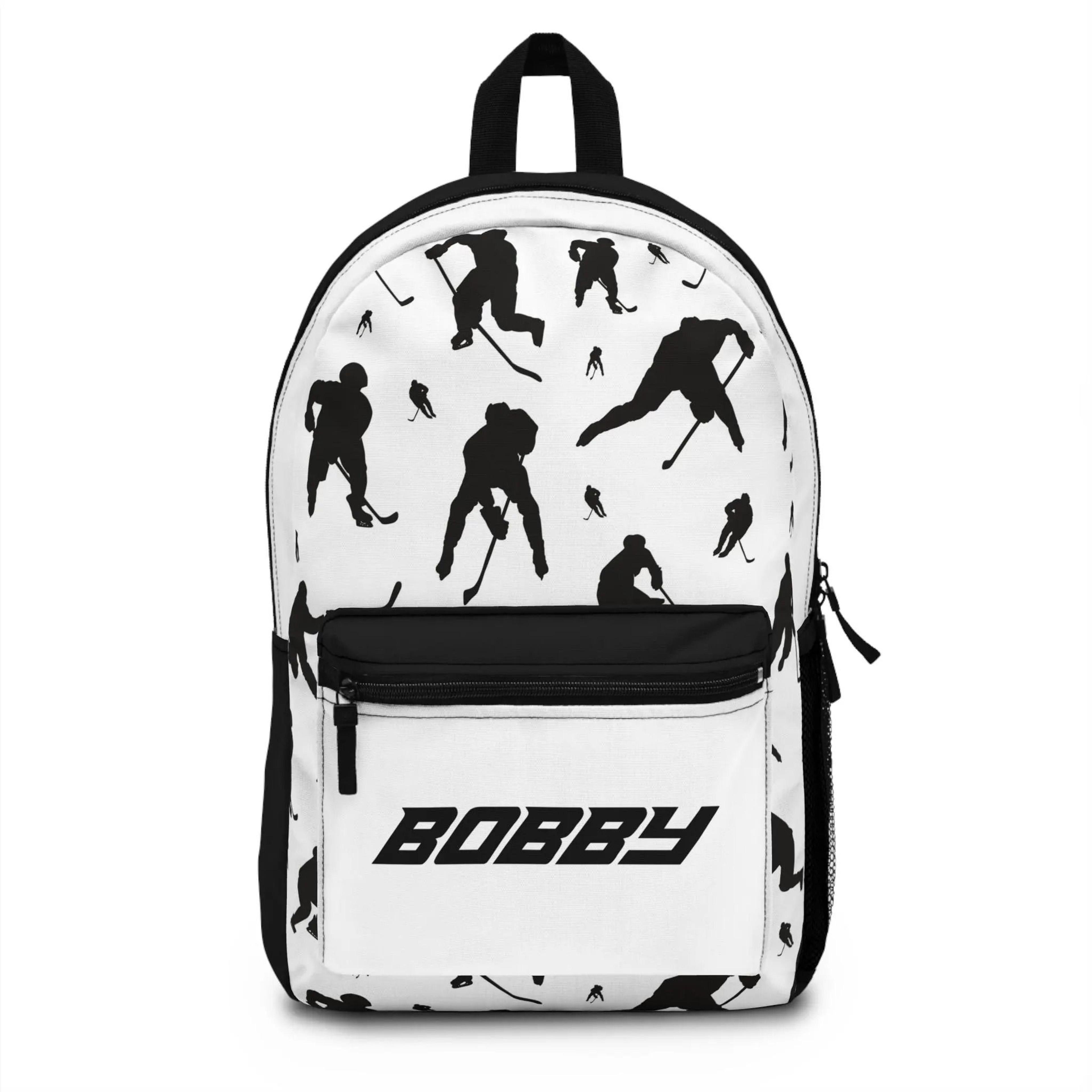 personalized hockey backpack for kids, custom name ice hockey school bag, black white sports bookbag, boys hockey bag