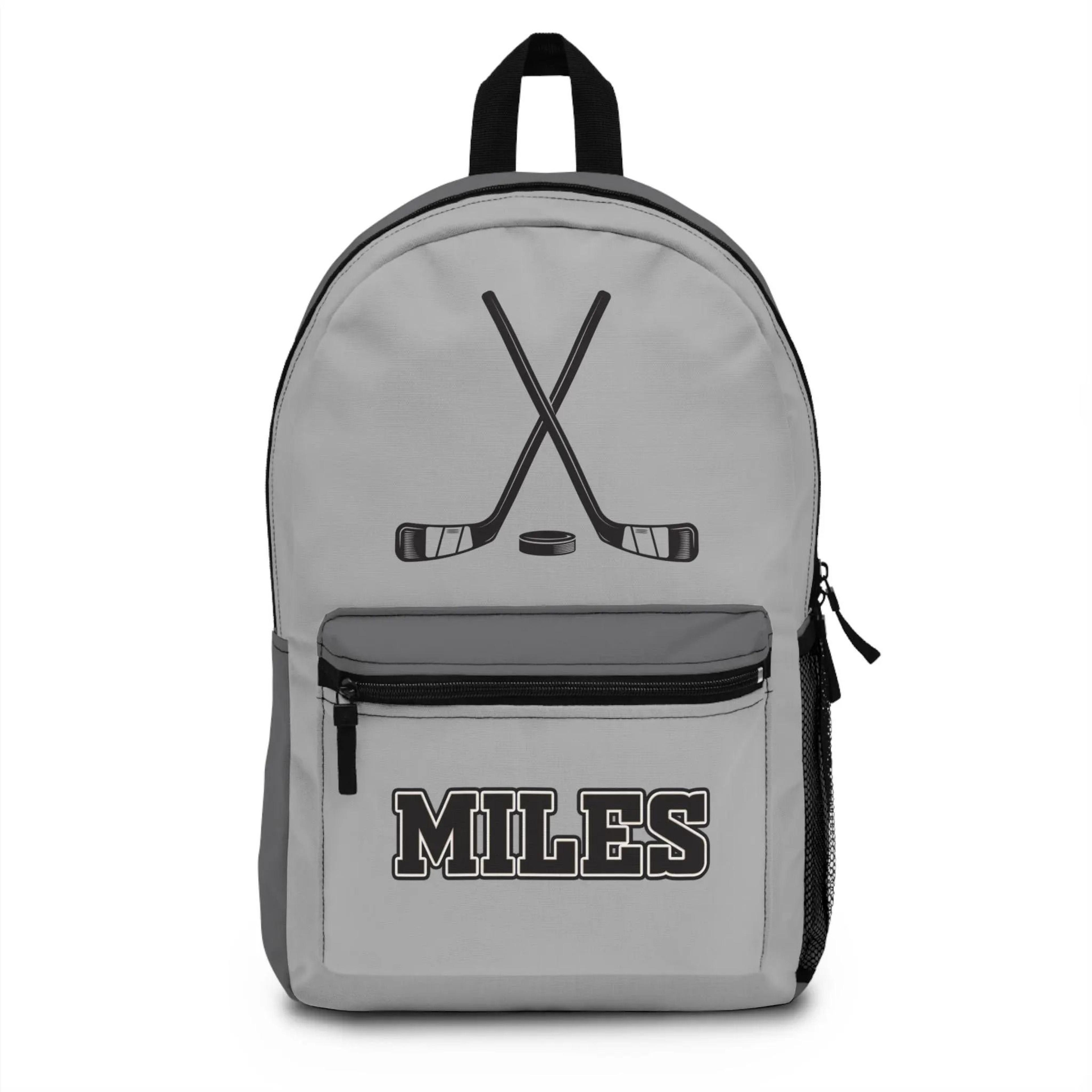 personalized hockey backpack for kids, custom name ice hockey school bag, gray hockey bookbag, boys sports backpack
