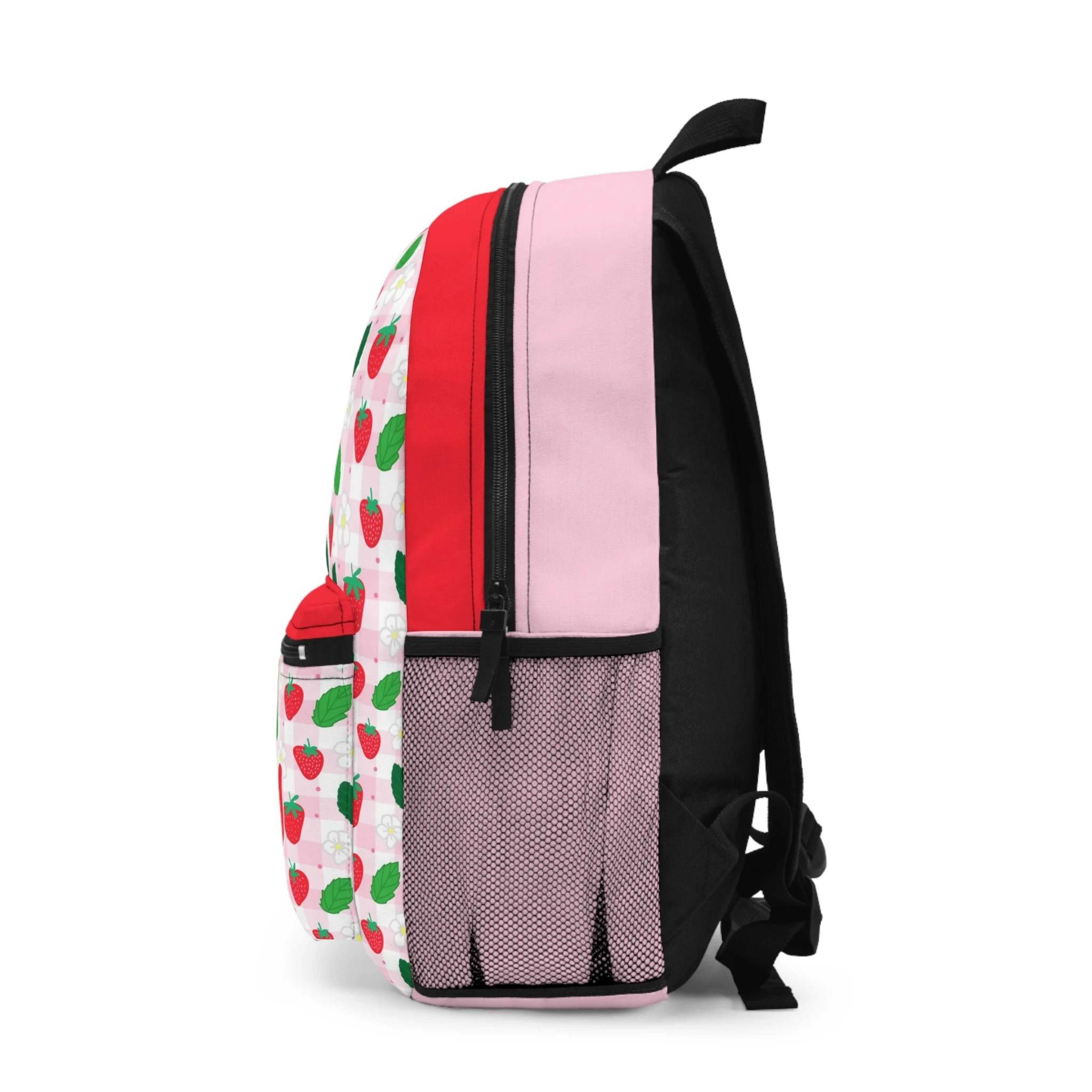 personalized strawberry backpack for girls, custom name school bag, pink strawberry bookbag, kids fruit backpack