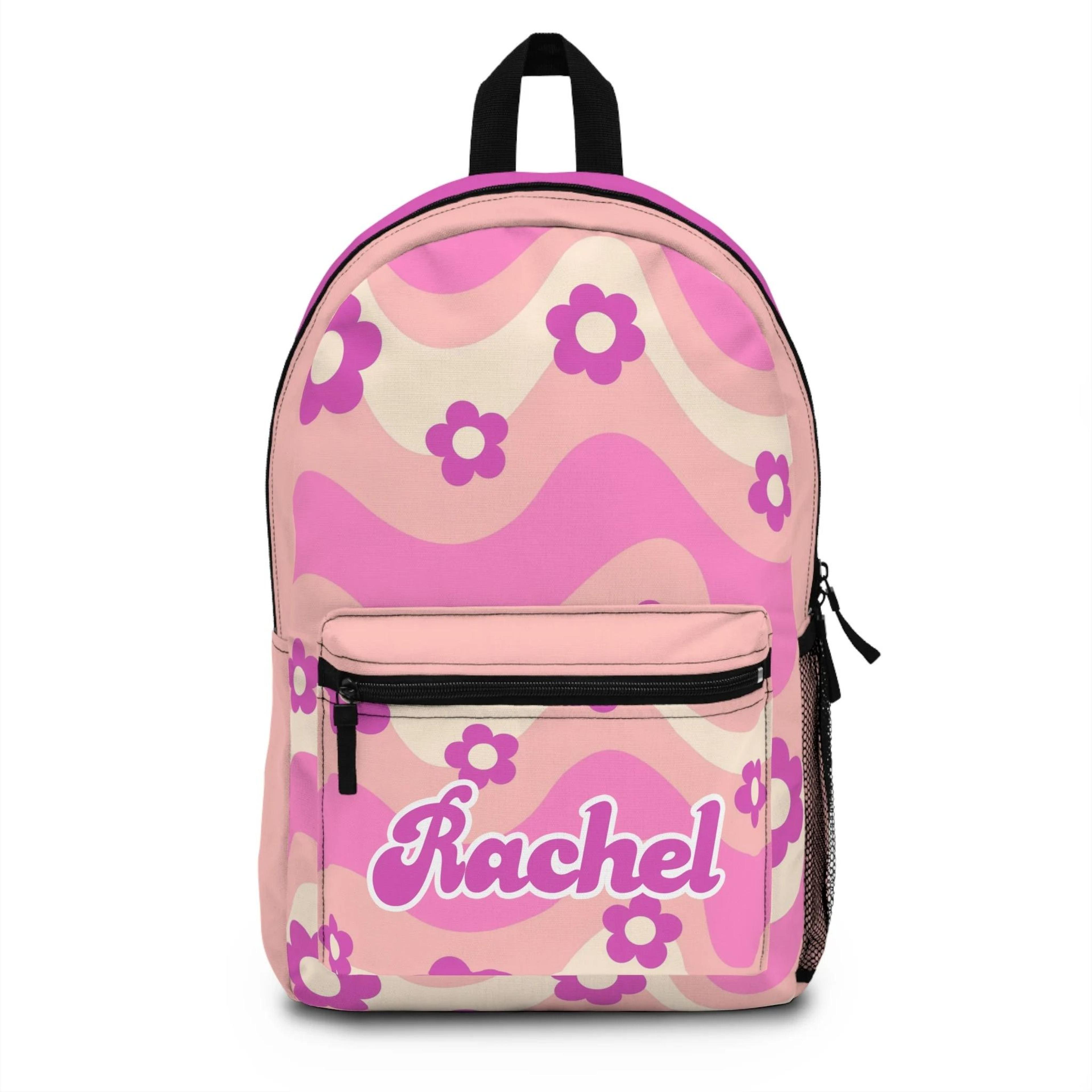 personalized pink flower backpack for girls, custom name retro floral school bag, groovy kids bookbag