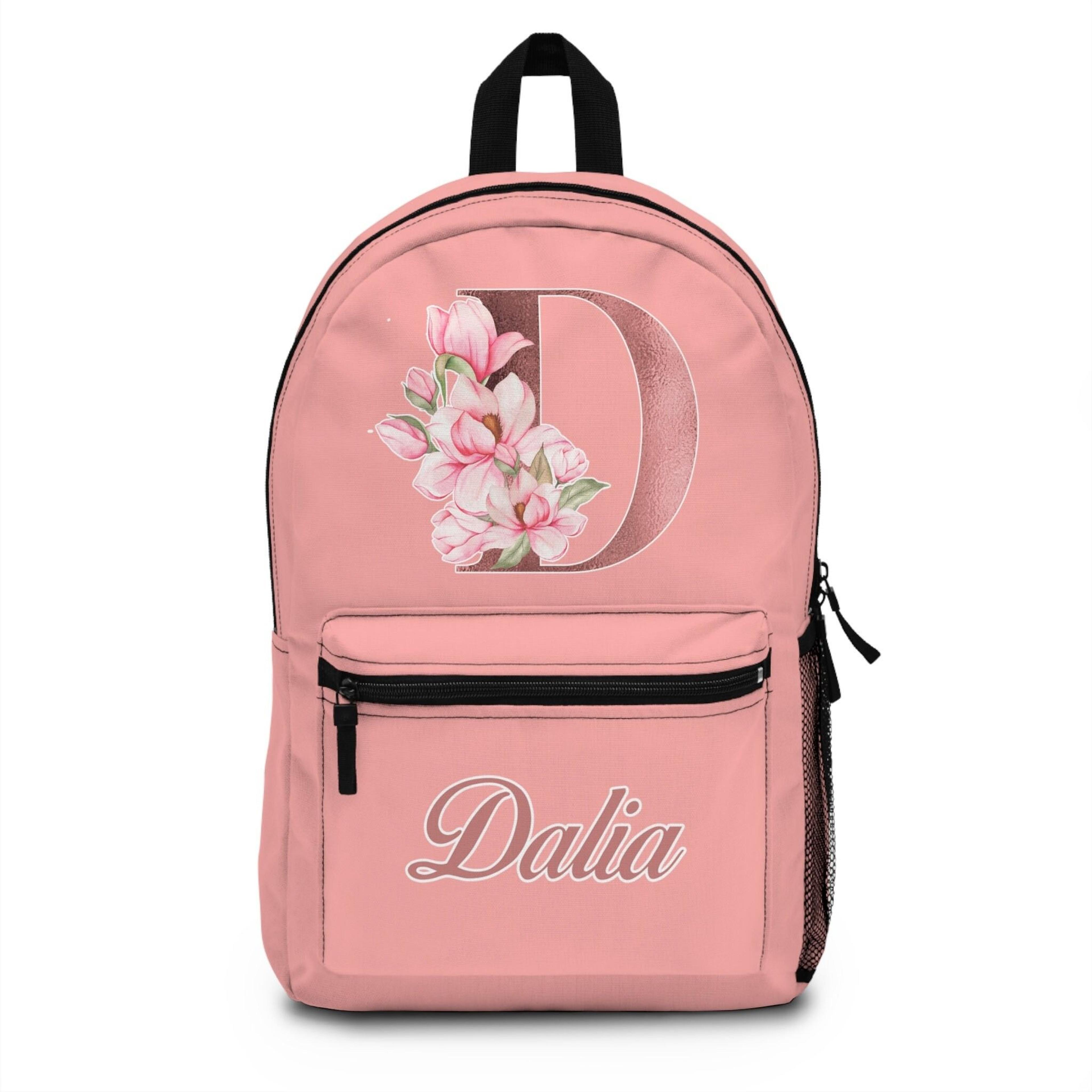 personalized floral initial backpack for girls, custom name monogram school bag, pink flower backpack, kids bookbag